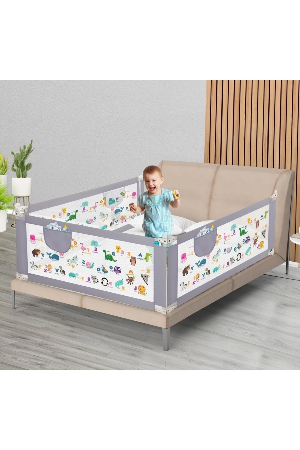 Adjustable Height Bed Barrier with Double-Lock Safety Mechanism
