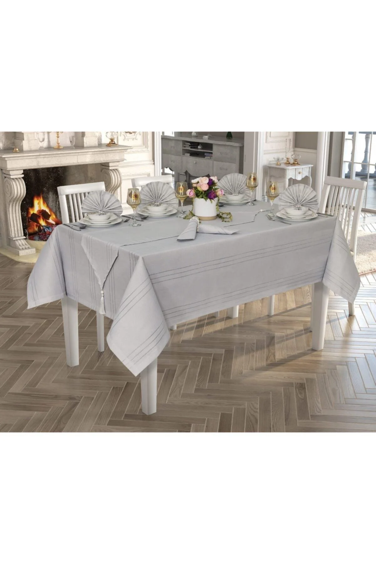 26-piece gray fabric dinnerware set with matching table accessories
