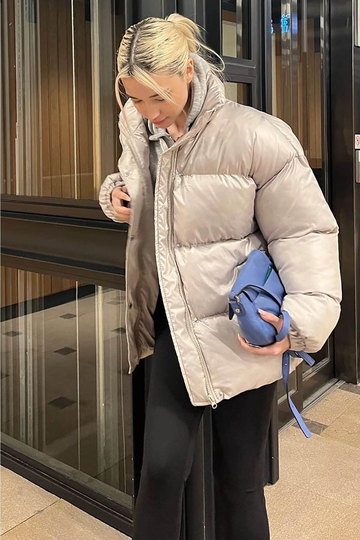 Gray Oversized Women's Down Jacket with Polyester Fill