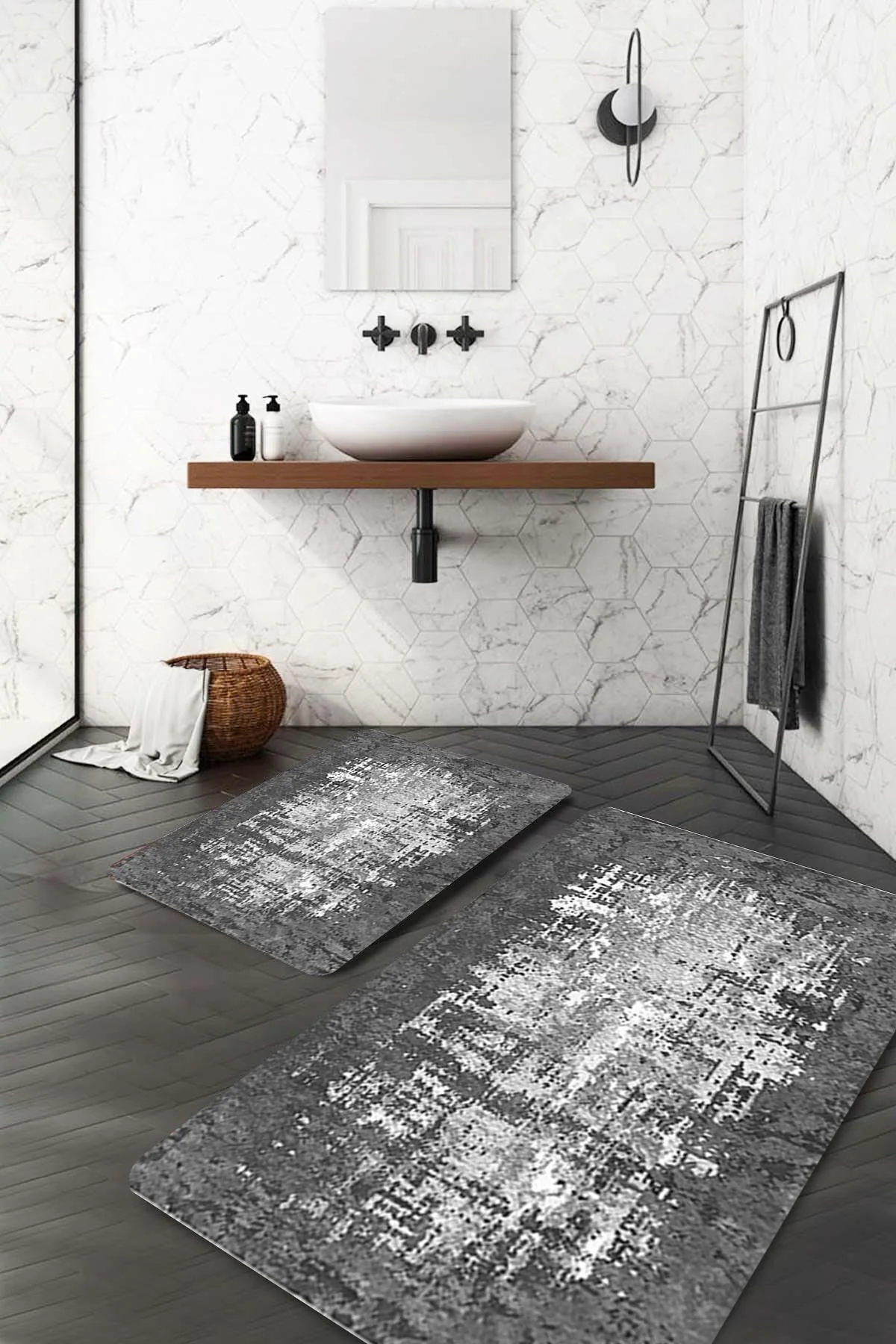 Gray Border White Irregular Line Bath Mat Set