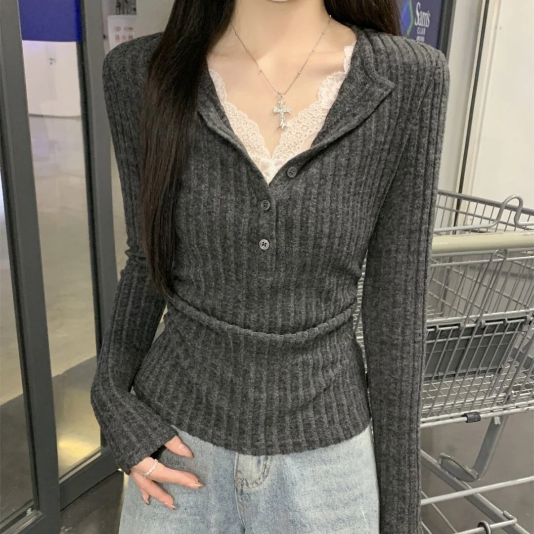 Gray Lace Patchwork Hoodie Top
