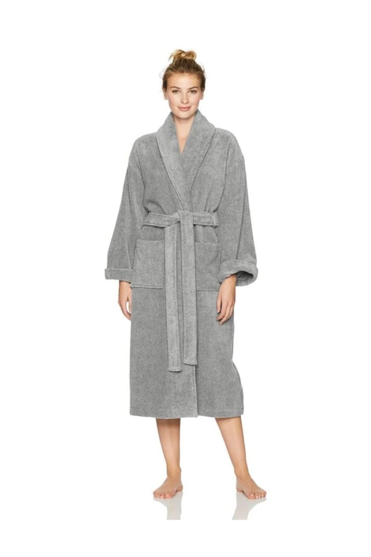 Thick 100% Cotton Shawl Collar Terry Bathrobe in Gray