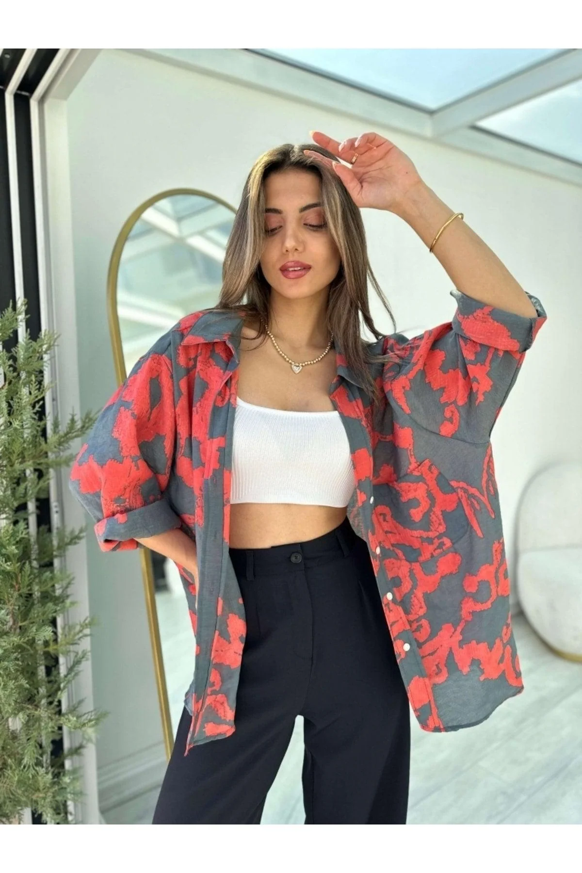 Gray patterned relaxed fit off-shoulder modal shirt