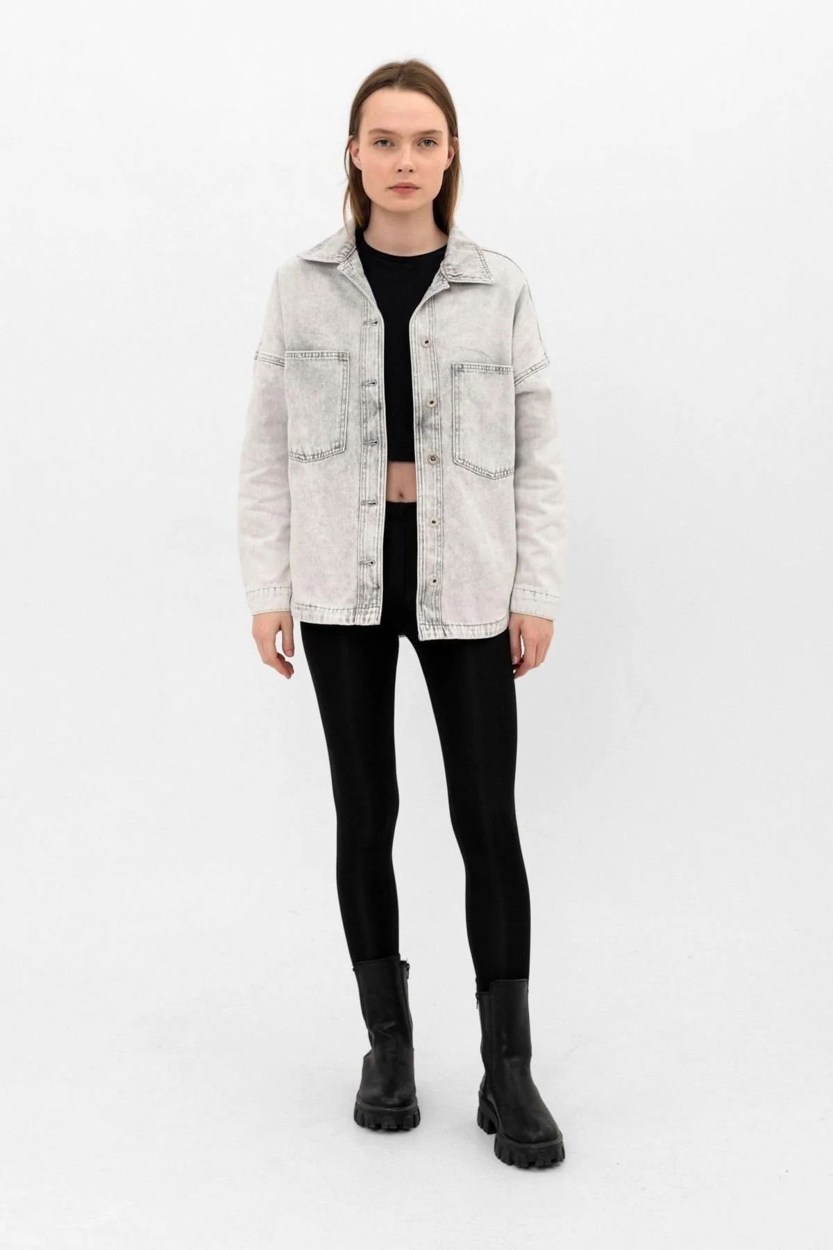 Gray oversized denim jacket with pocket slits
