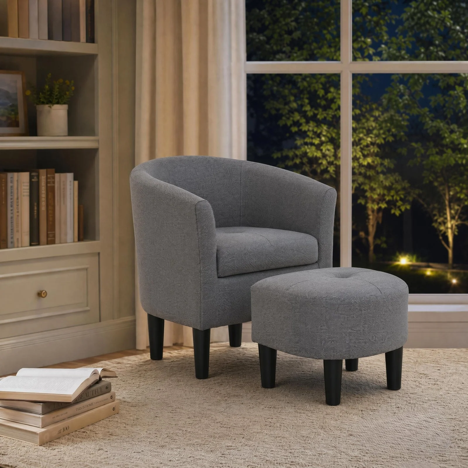 Gray Polyester Barrel Chair and Ottoman Set