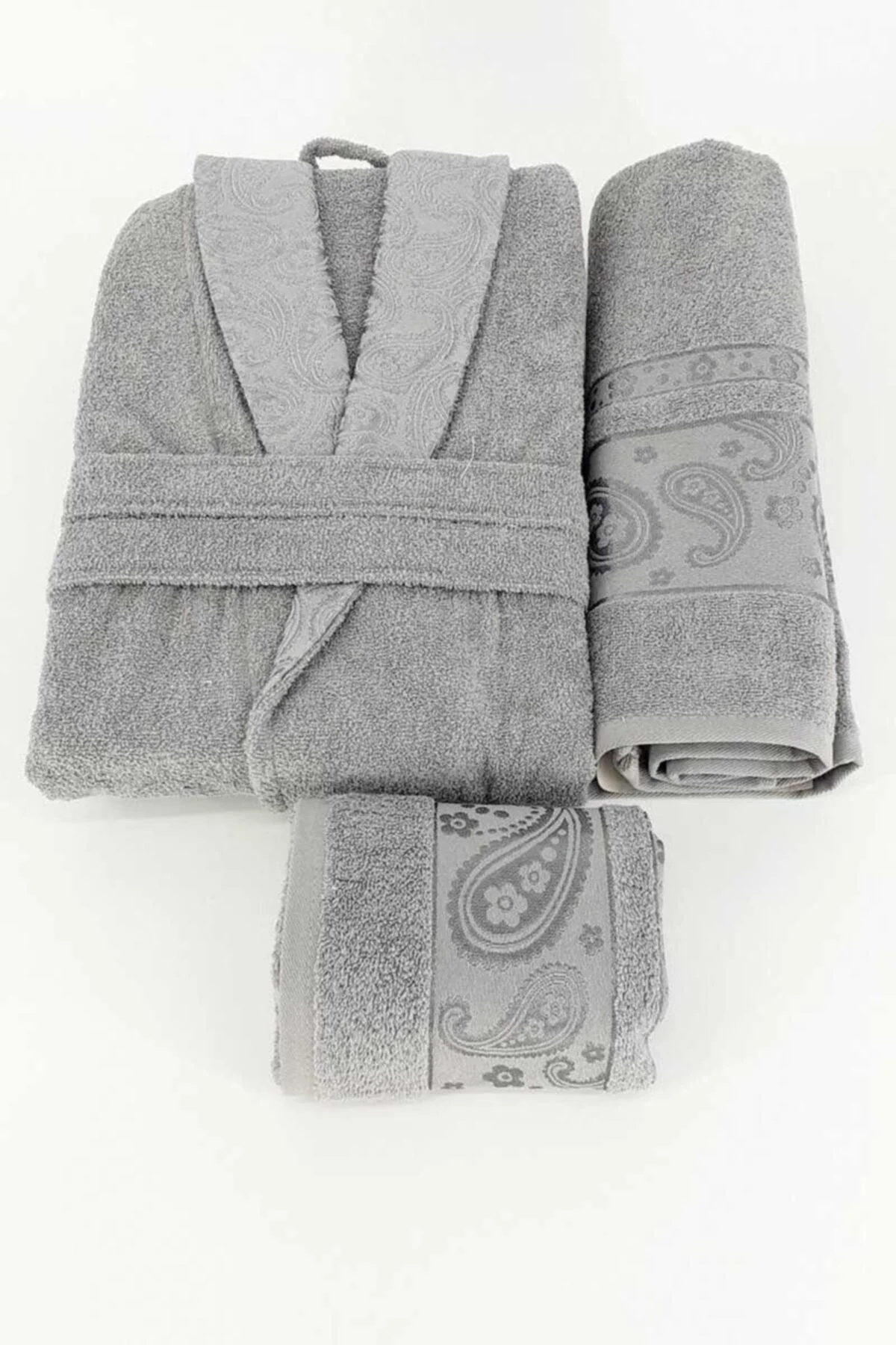Gray 3-piece cotton bathrobe set with robe, bath towel and hand towel