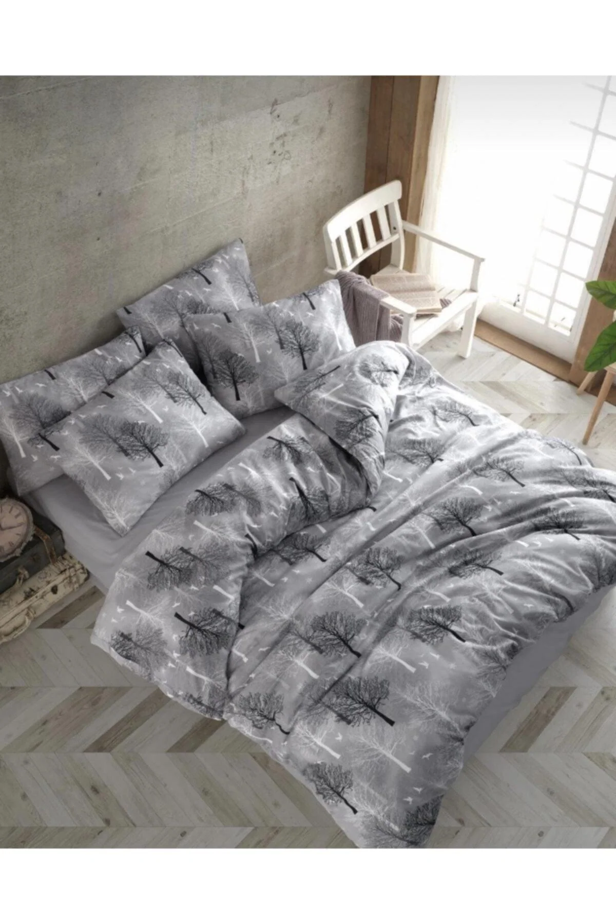 Gray Tree Pattern Double Duvet Cover Set