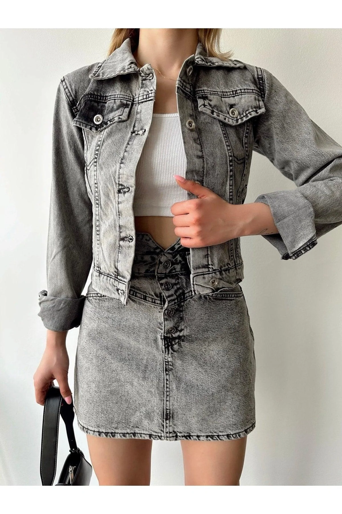 Gray oversized denim jacket for women