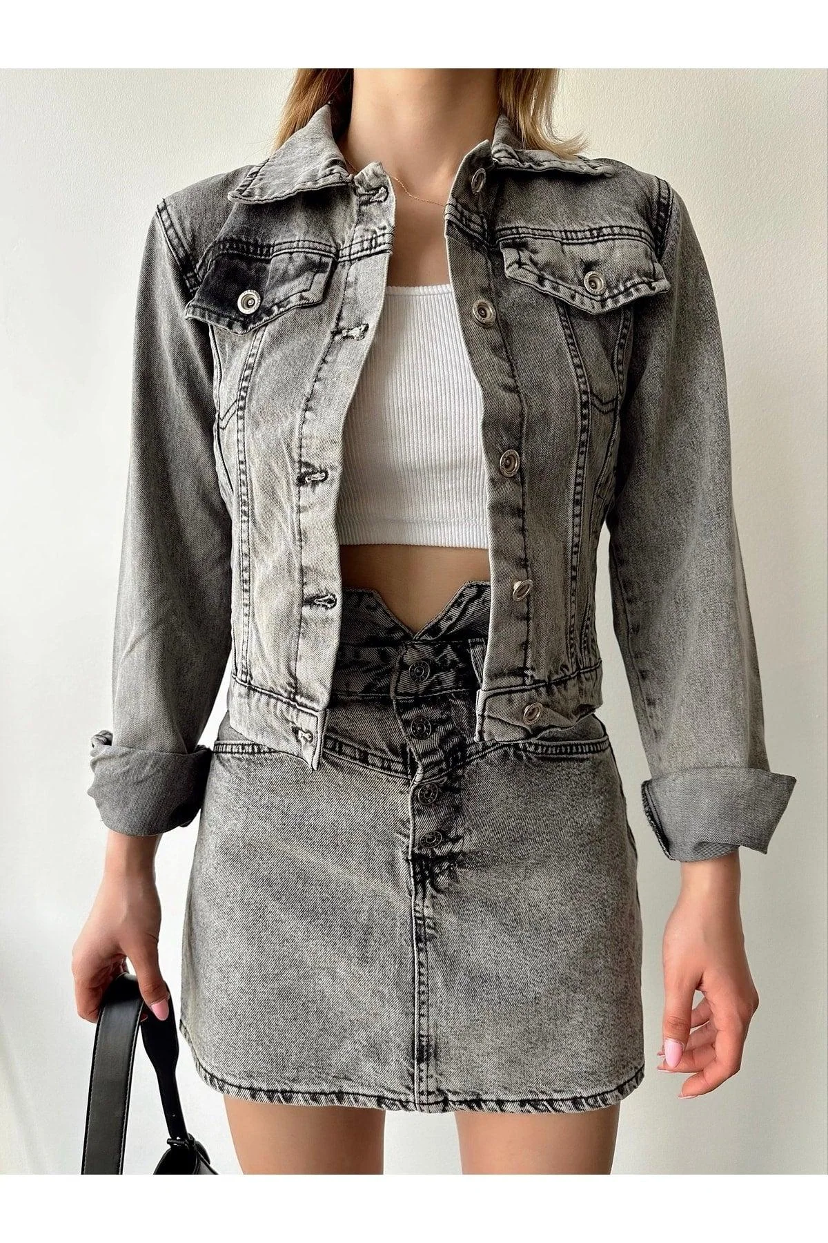 Gray oversized denim jacket for women