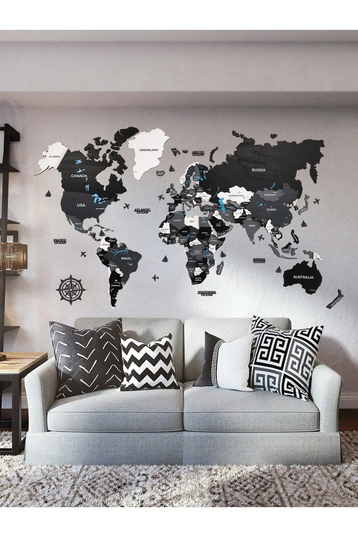 3-layer wooden world map wall decor in gray tones