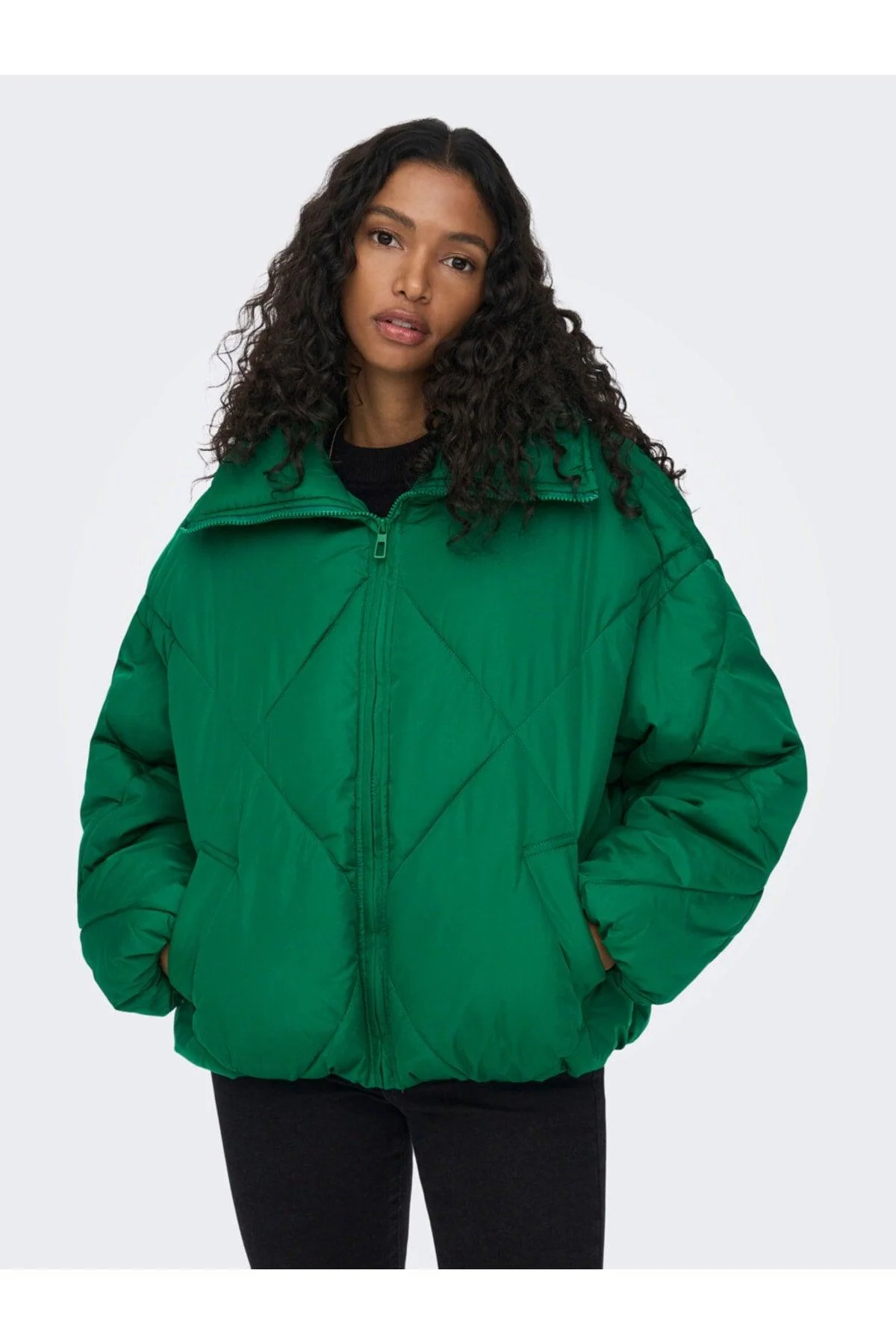 Women's green bomber coat with high neck and ribbed cuffs