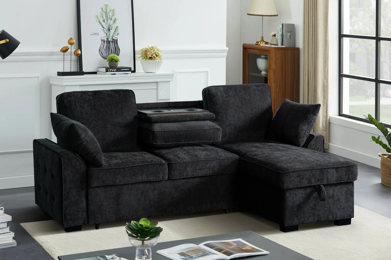 Grey 3-Seater Sectional Sofa with Storage & Cup Holder Tray