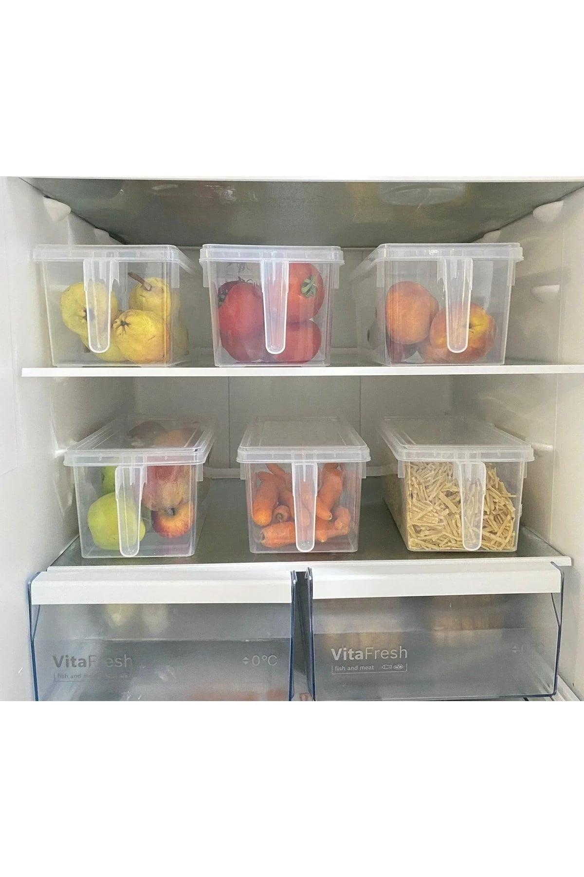 Reusable and stackable plastic food container set with handles