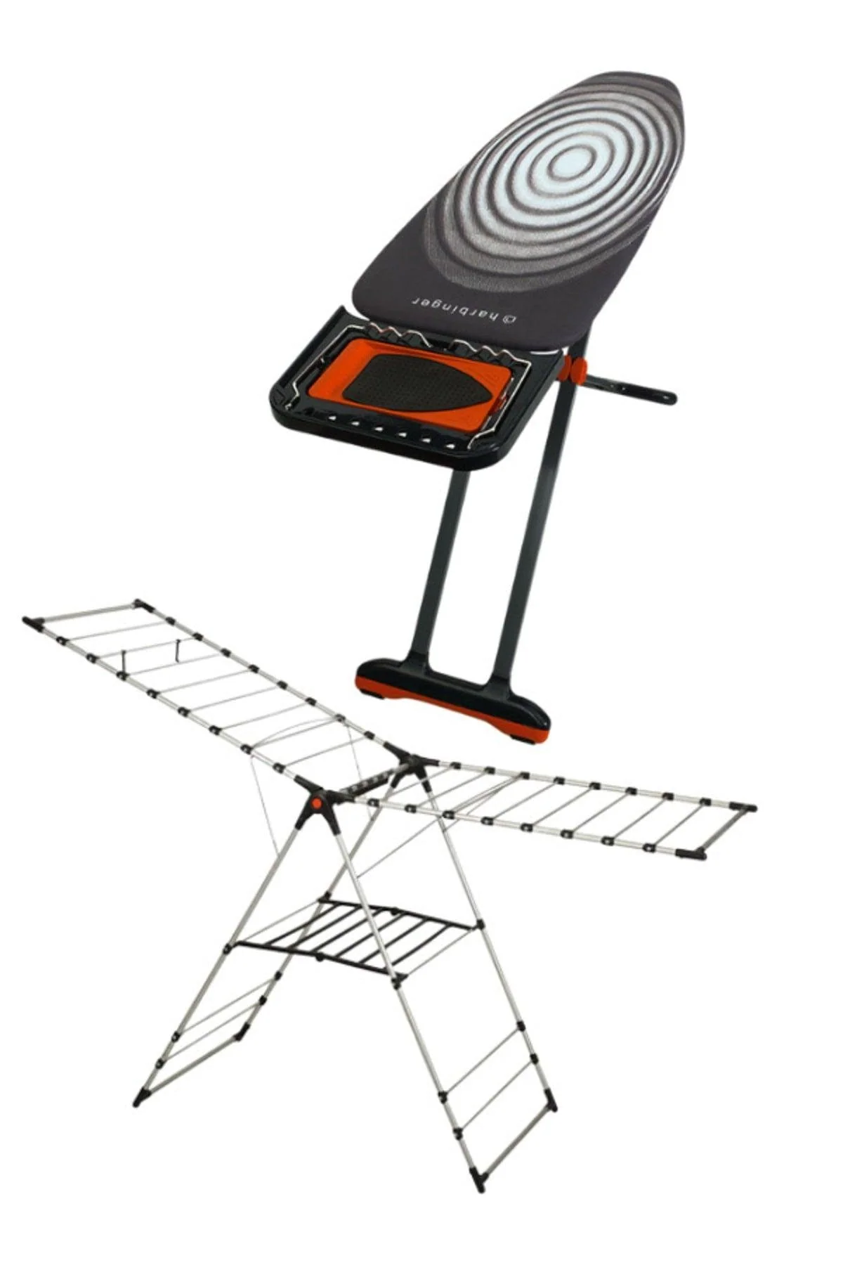 Adjustable ironing board with drying rack and storage