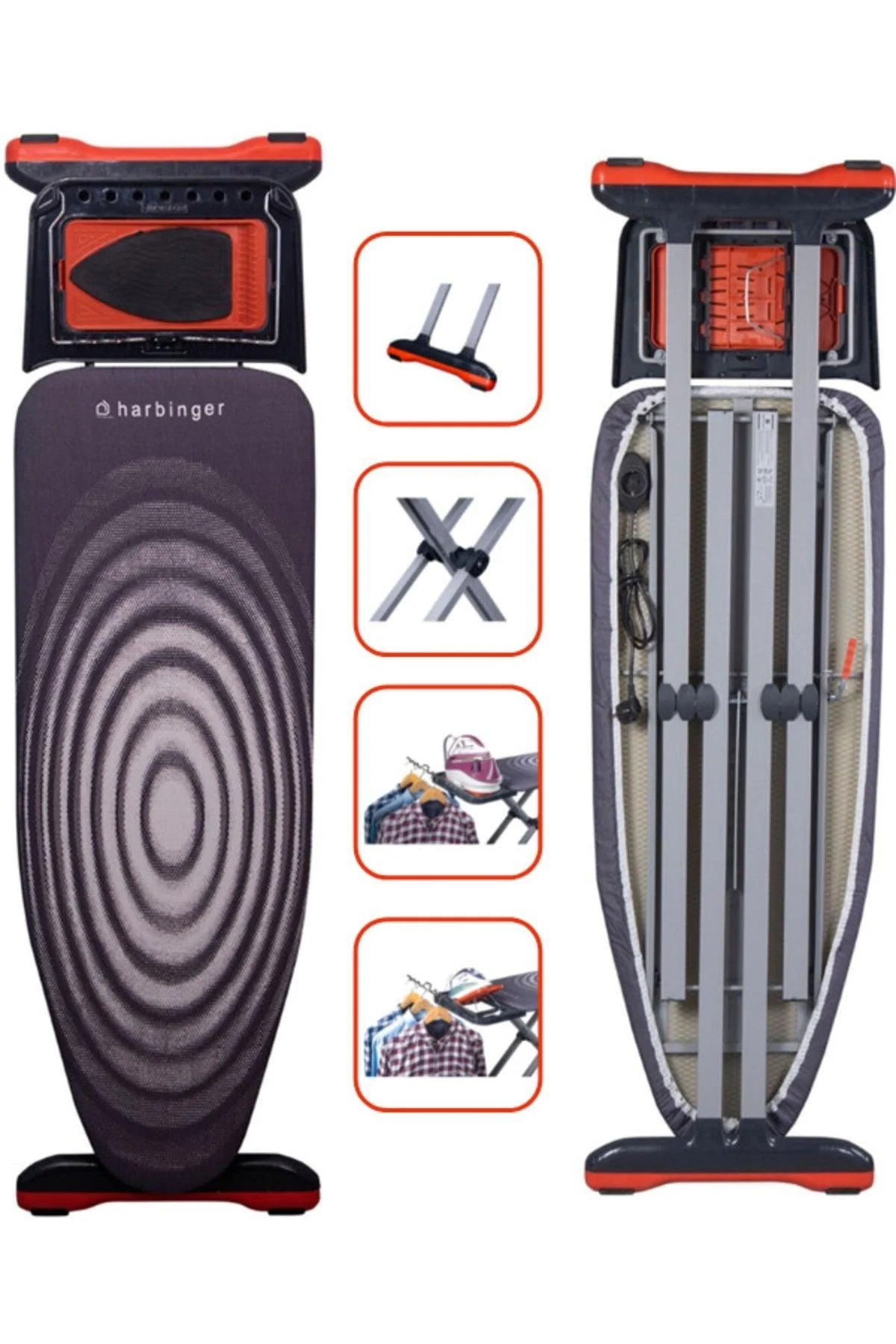Adjustable ironing board with drying rack and storage