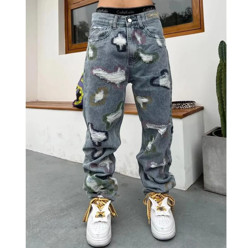 Heavy-Duty Distressed Patchwork Jeans for Men