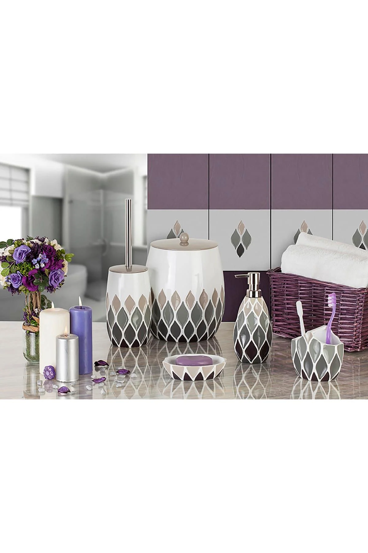 5-piece gray plastic bathroom set with chrome accents