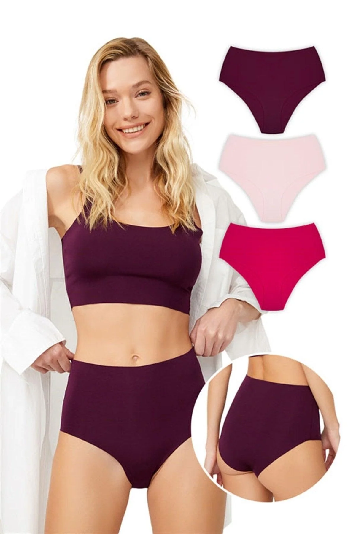 3-Pack High-Waisted Laser-Cut Briefs in Plum and Cherry