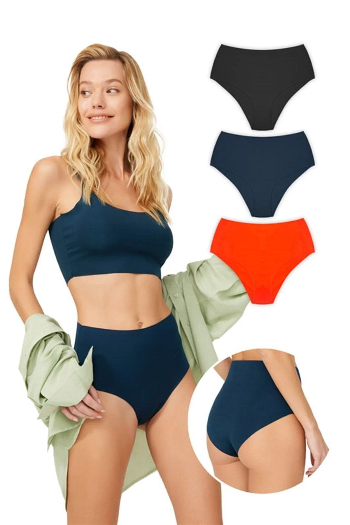 3-pack high-waist laser-cut bikini panties set in black, petrol green, and red