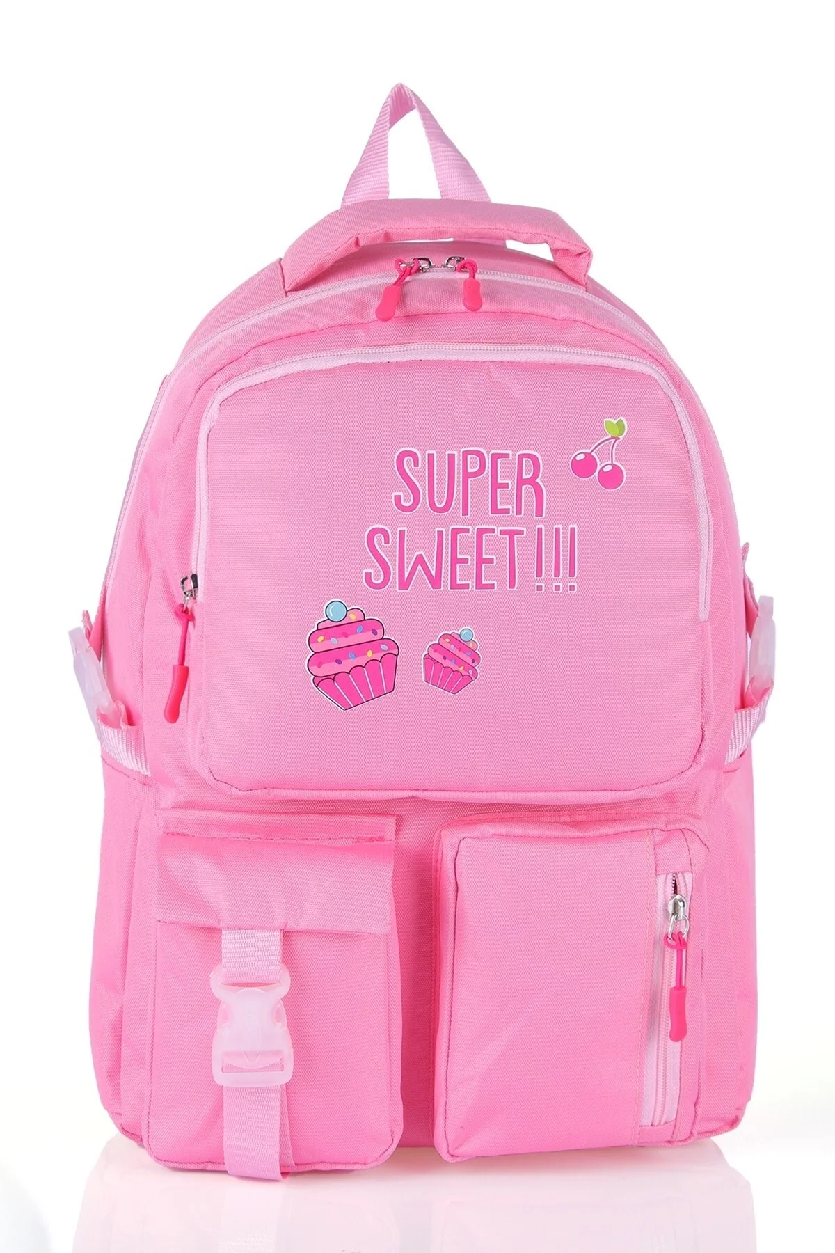 Primary school backpack, multi-compartment, pink, water-resistant fabric
