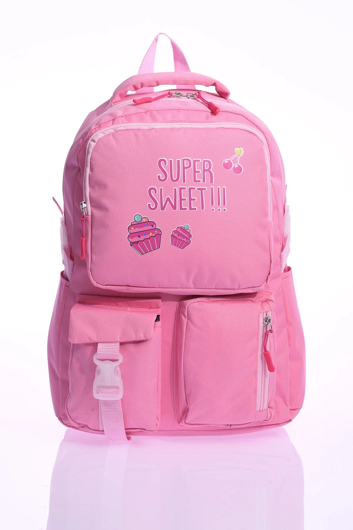 Pink primary school backpack with laptop compartment and side pockets