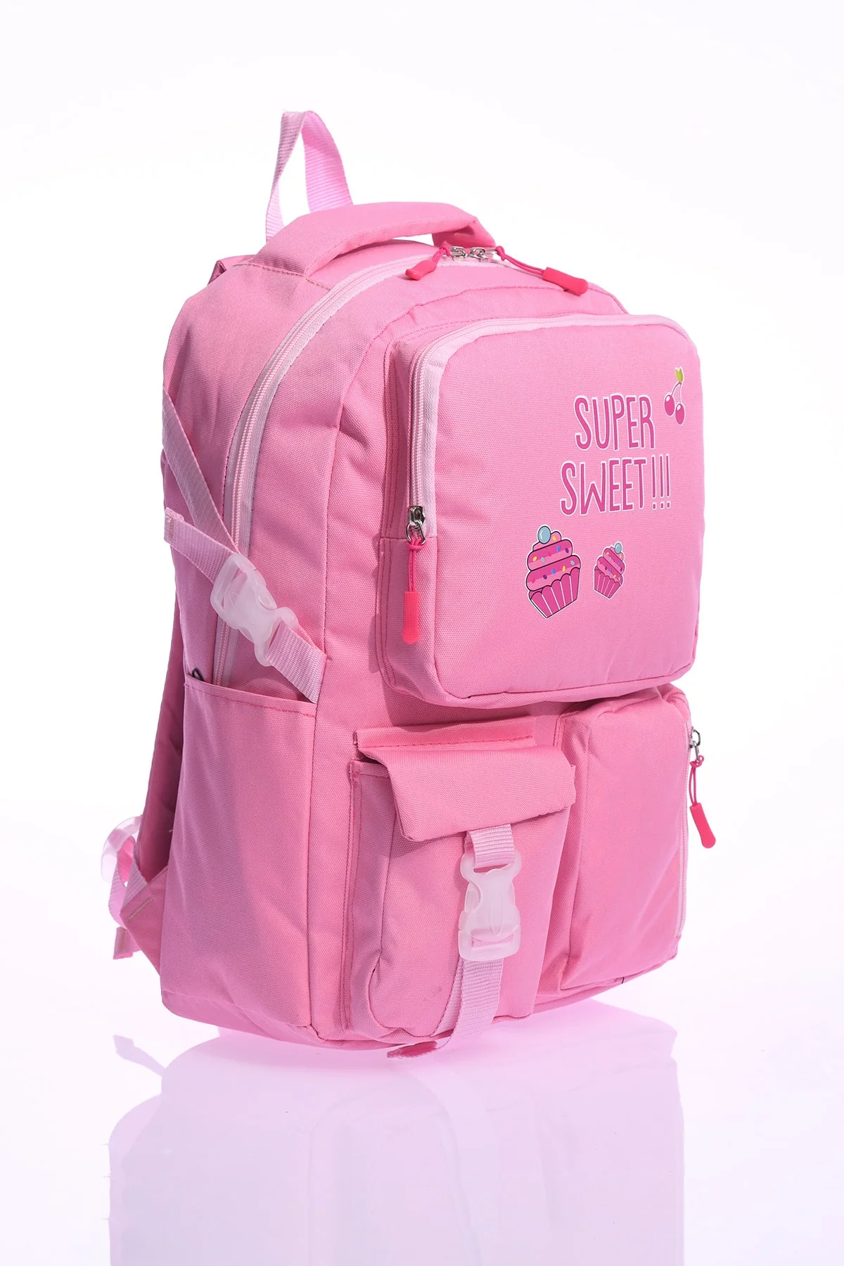 Pink primary school backpack with laptop compartment and side pockets
