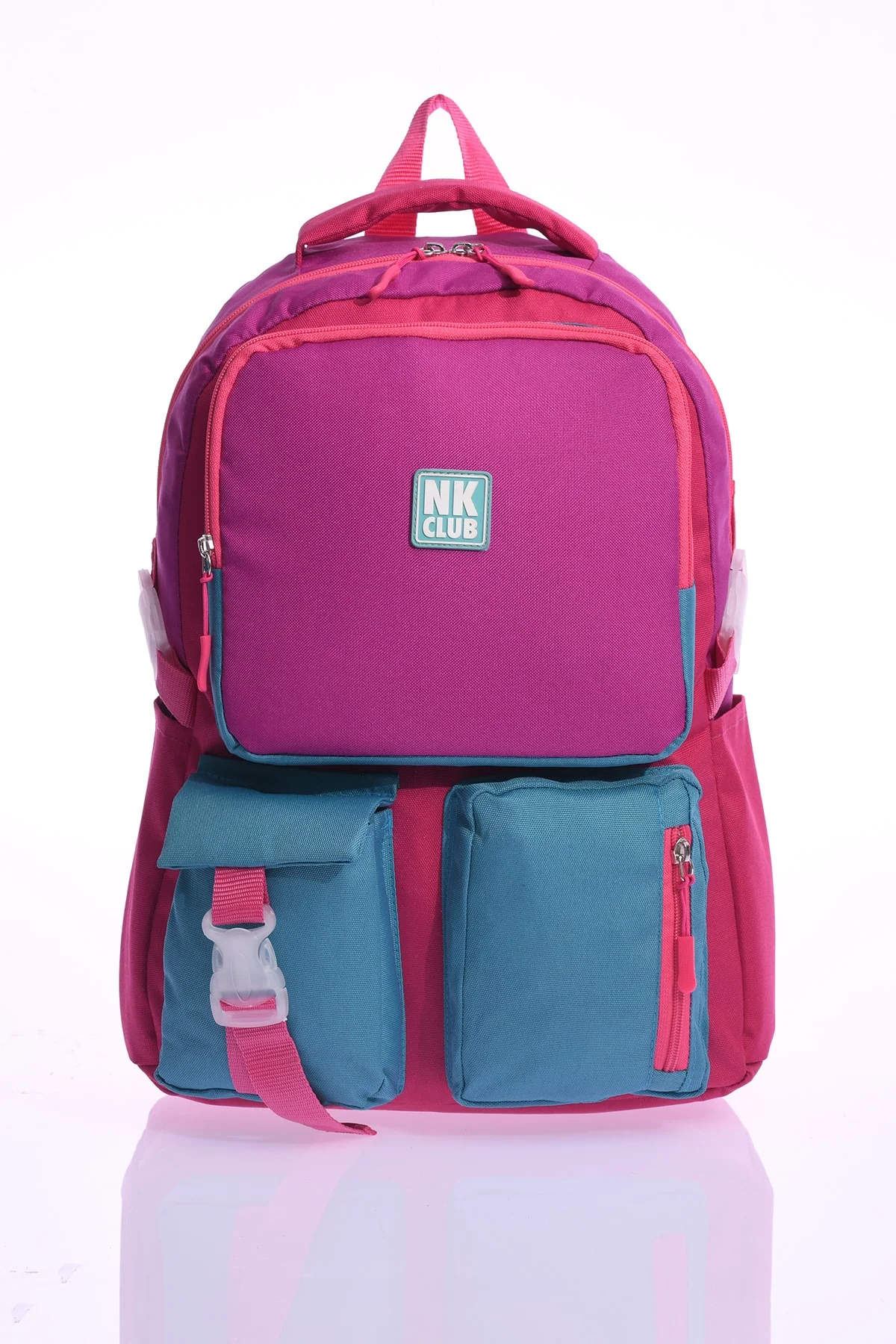 Purple primary school backpack with laptop pocket and side pockets