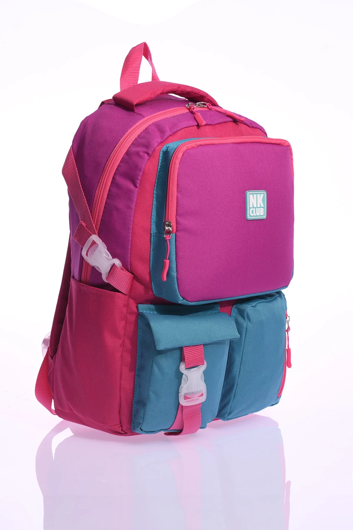 Purple primary school backpack with laptop pocket and side pockets