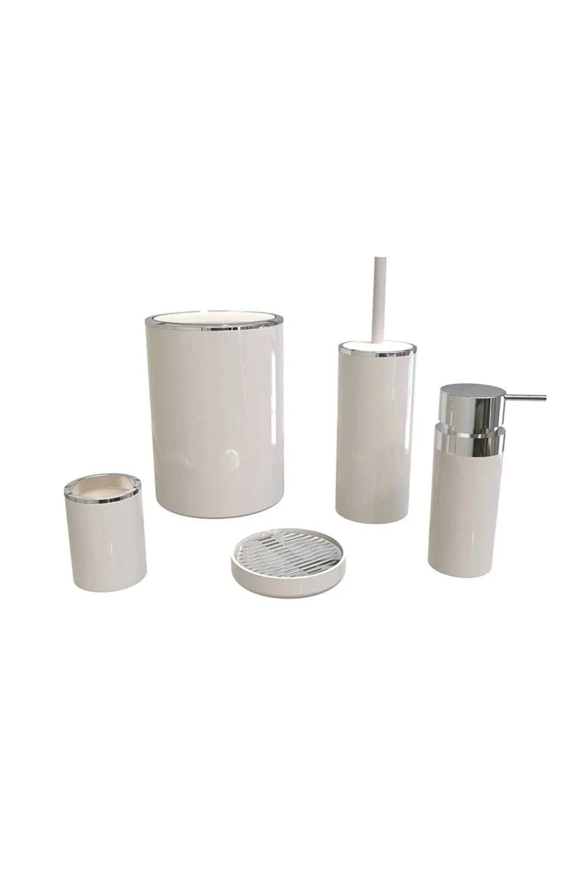 Beige plastic bathroom set with storage bins for organization