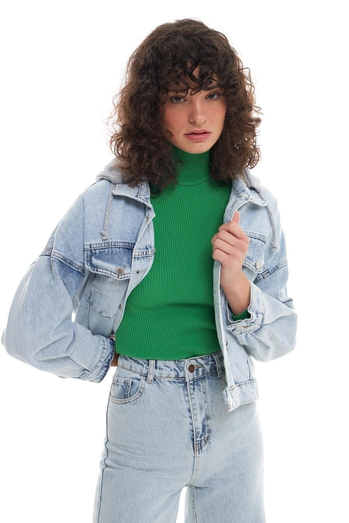 Hooded Oversize Denim Jacket in Ice Blue