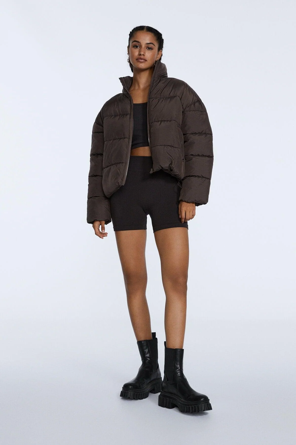Puffy Inflatable Coat with Colorful Zip Fastening and Funnel Neckline