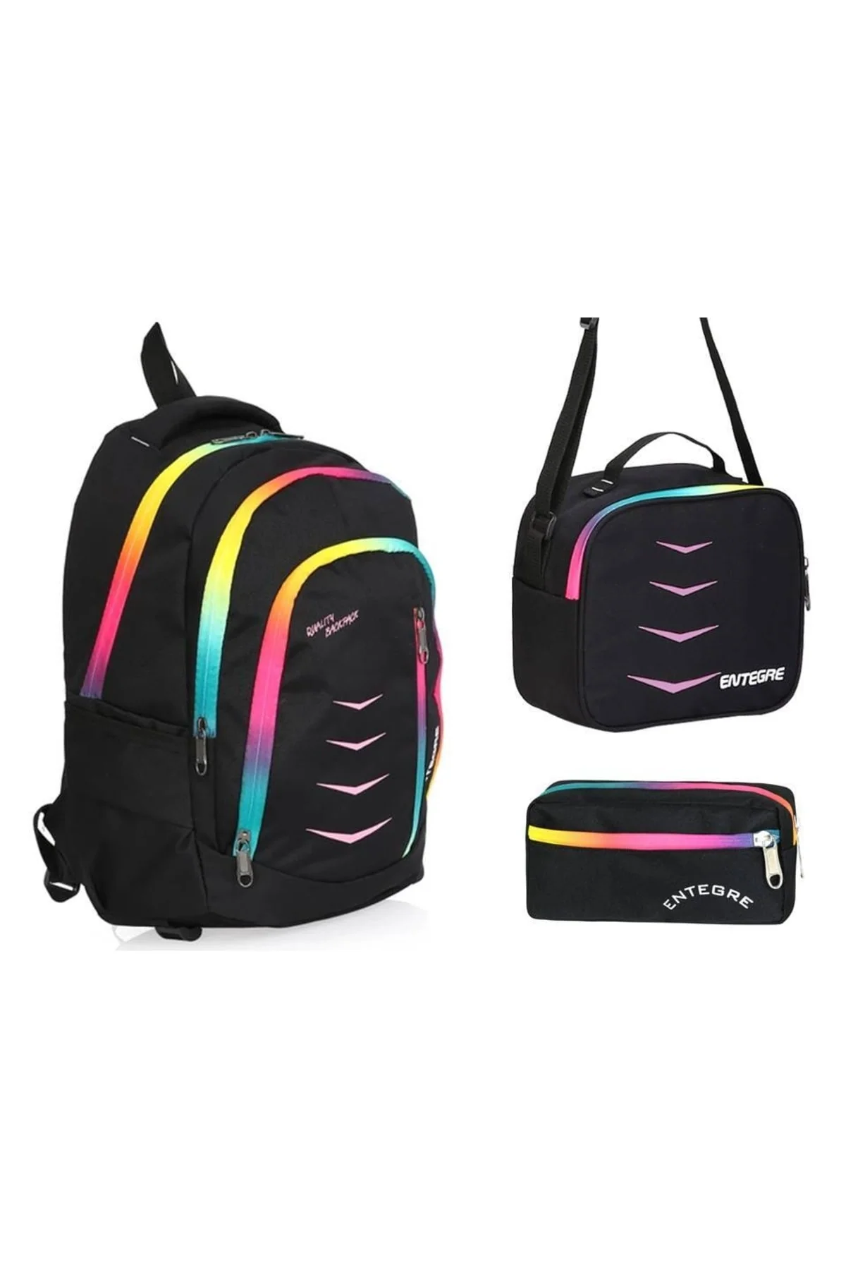 3-piece school set with rainbow zipper backpack, lunch bag, and pencil holder