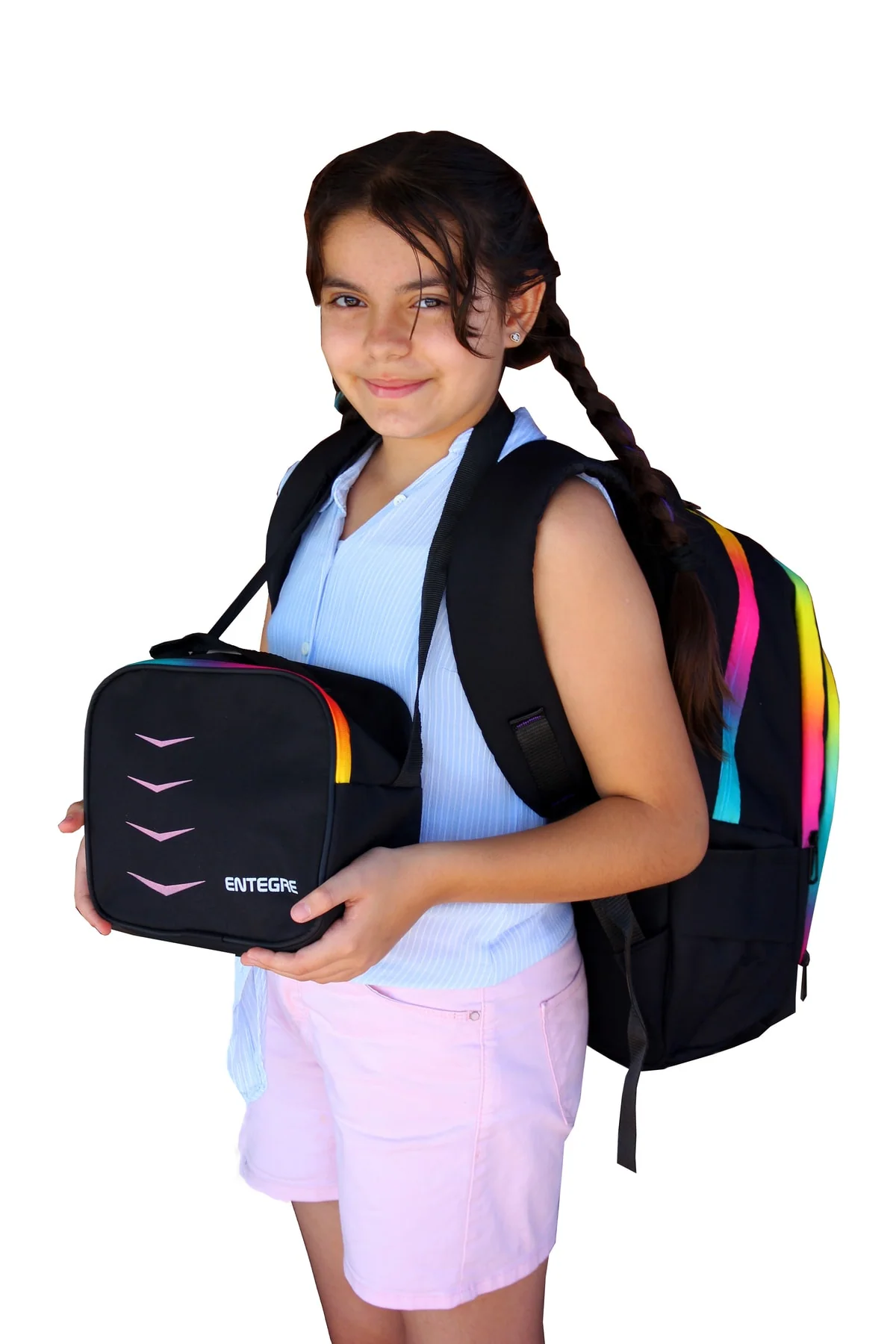 3-piece school set with rainbow zipper backpack, lunch bag, and pencil holder