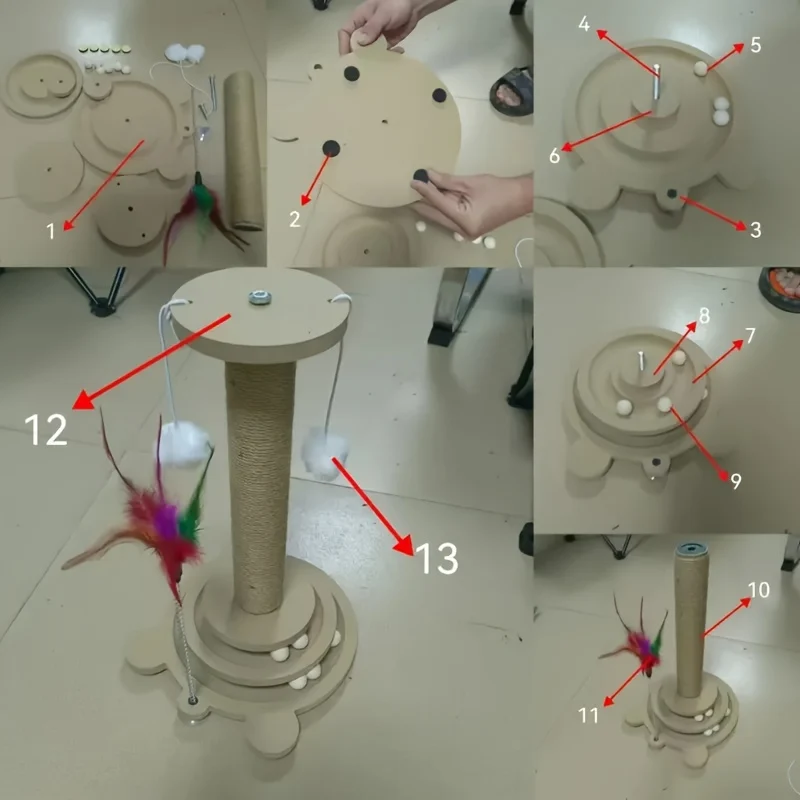 Interactive cat scratching tower with jute and ball track for self-entertainment