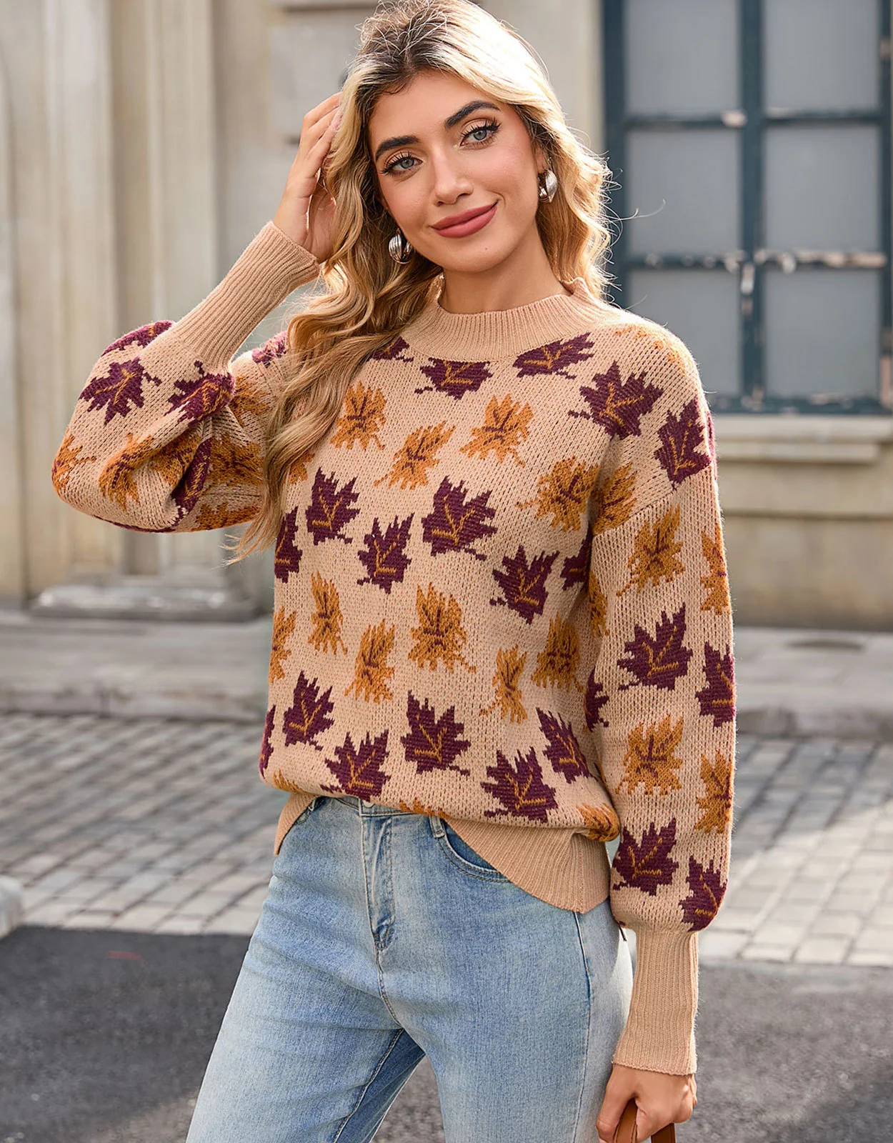 Jacquard Round Neck Pullover Sweater