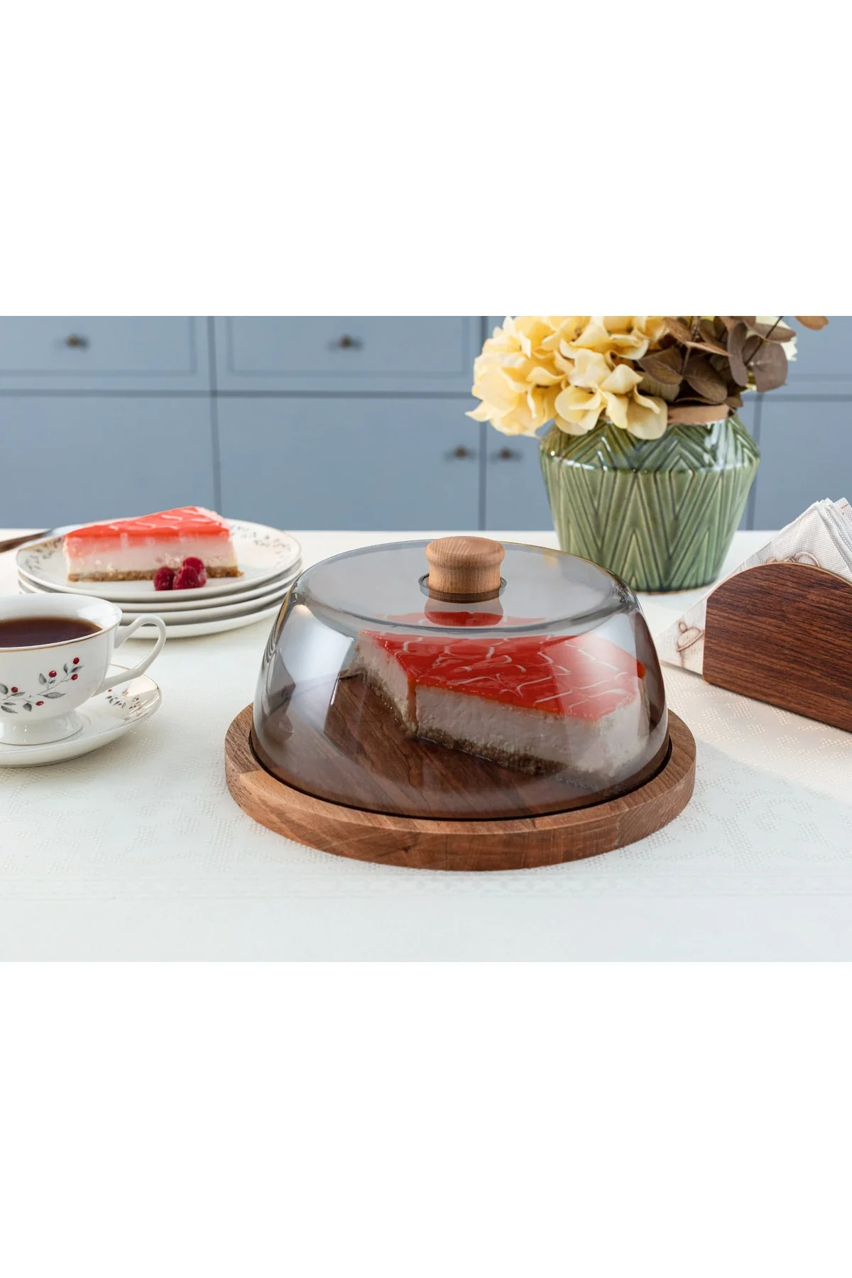 Smoked Glass Cake Dome with Wooden Base