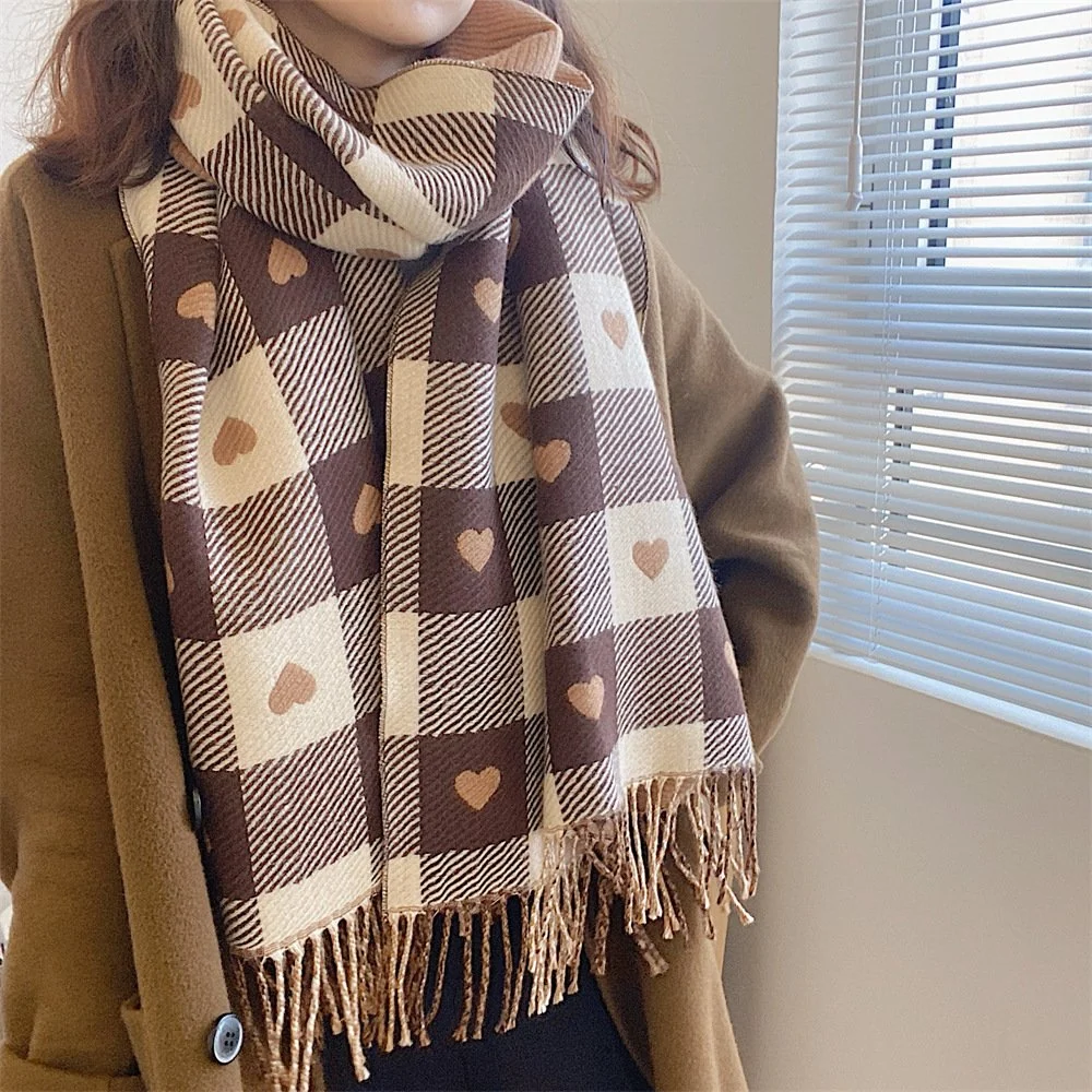 Keep Warm with Thick Check Scarf - Heart Pattern