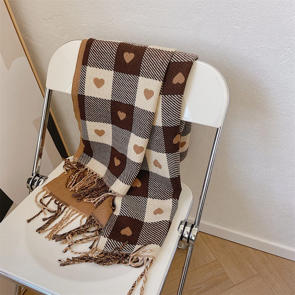 Keep Warm with Thick Check Scarf - Heart Pattern