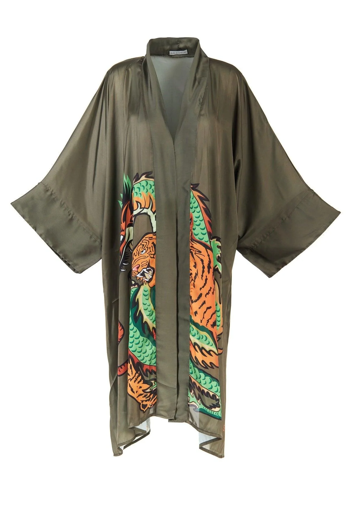 Soft satin kimono with digital print in khaki