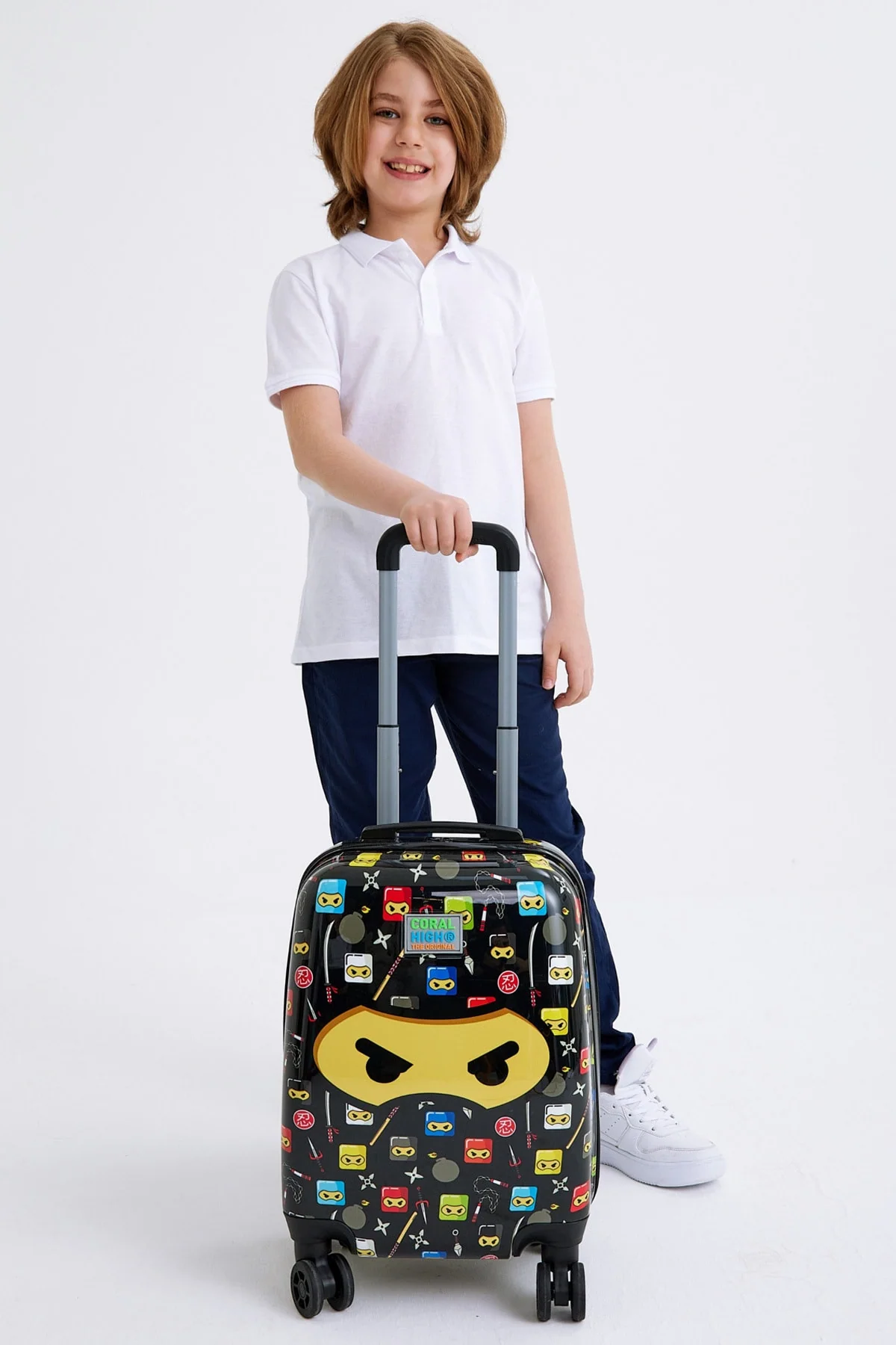Kids black ninja rolling suitcase 18 inches