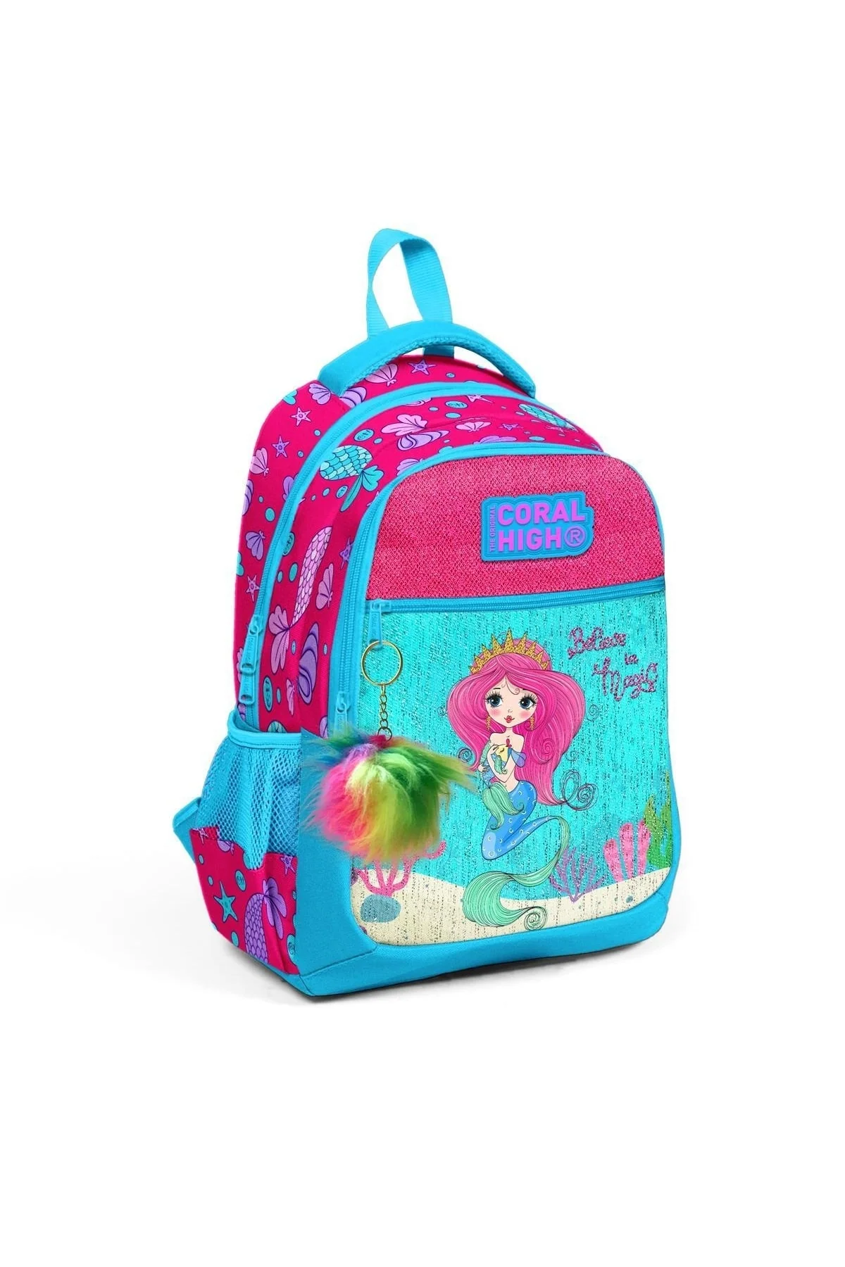 Kids 3-compartment school backpack with blue pink mermaid pattern