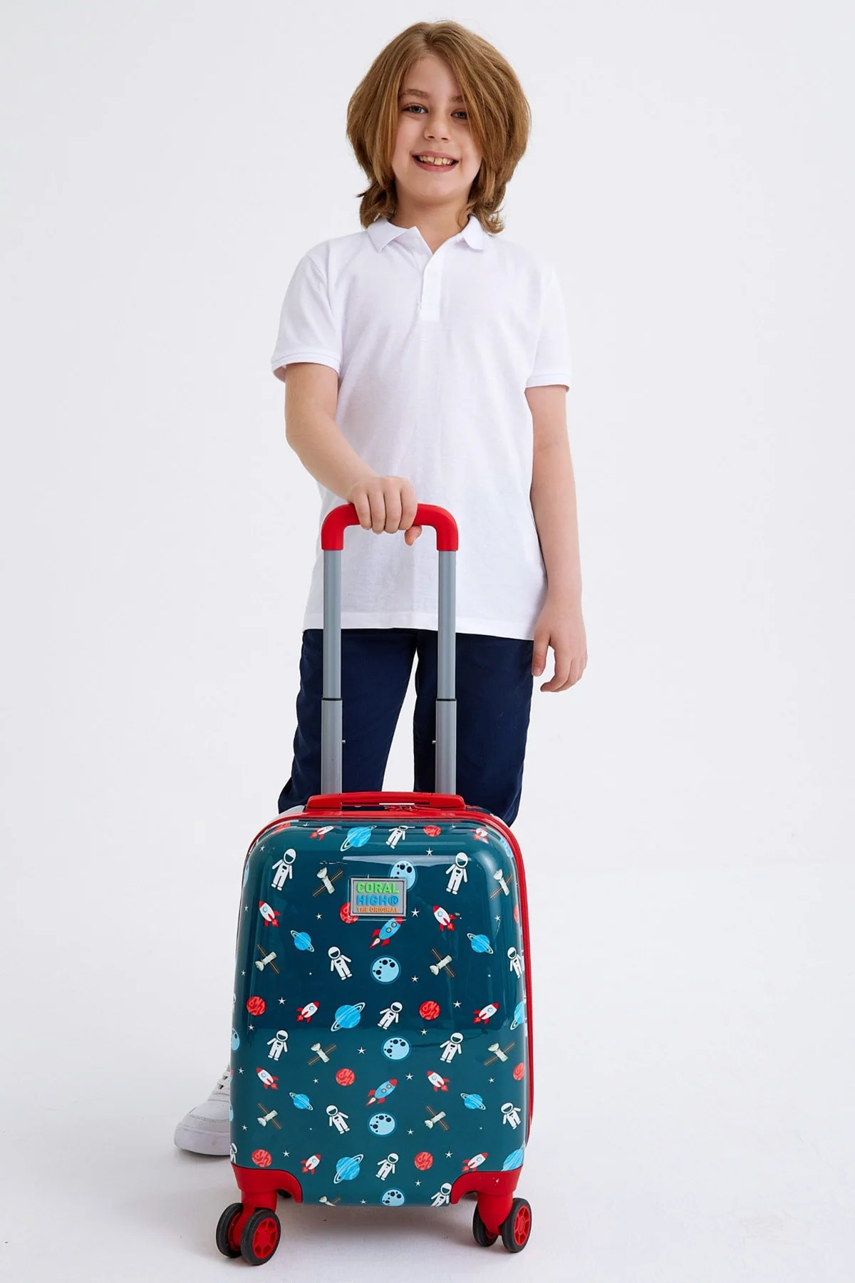 Children's suitcase with indigo and red space pattern