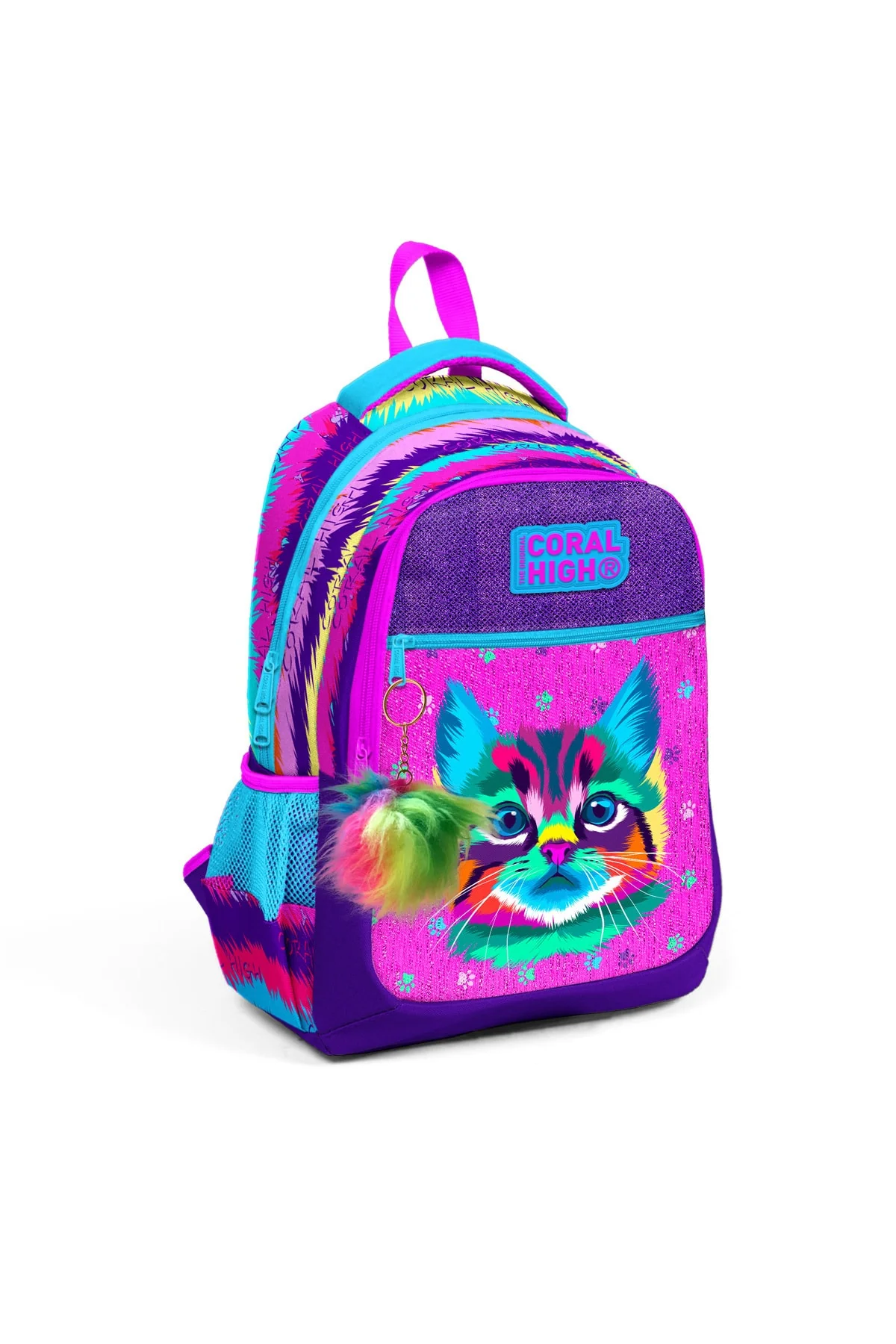 Kids cat-patterned three-compartment school backpack