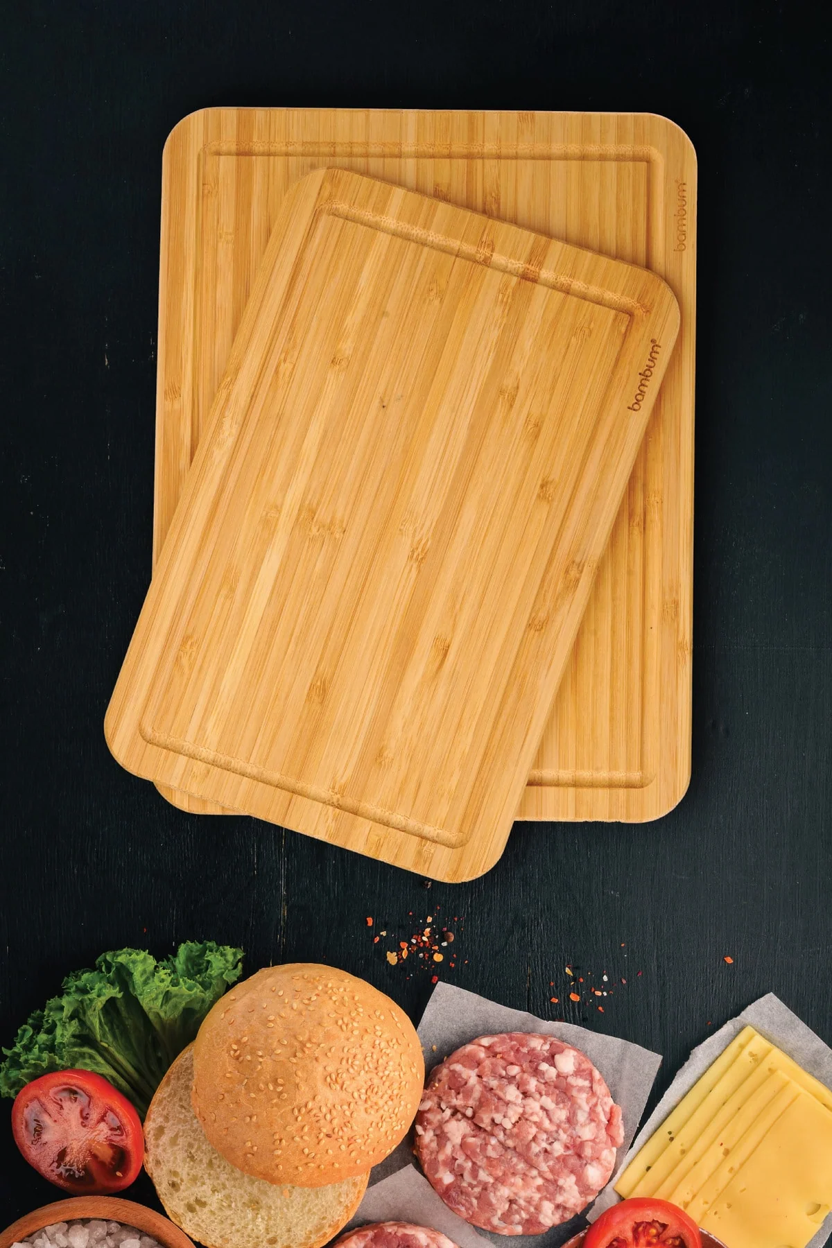 Double Bamboo Cutting Board Set for Kitchen Prep