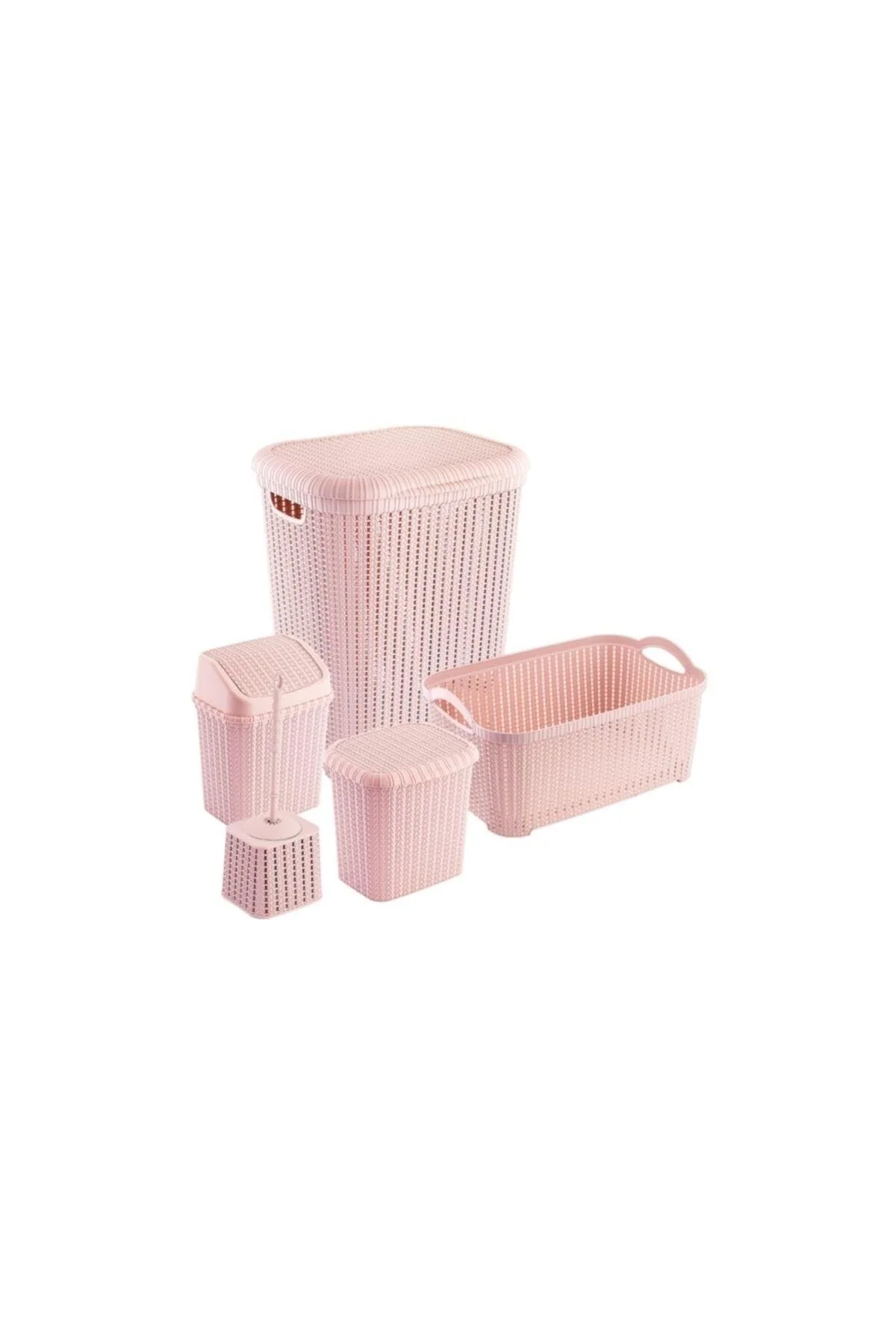 5-piece knitted bathroom set in plum or powder, plastic basket