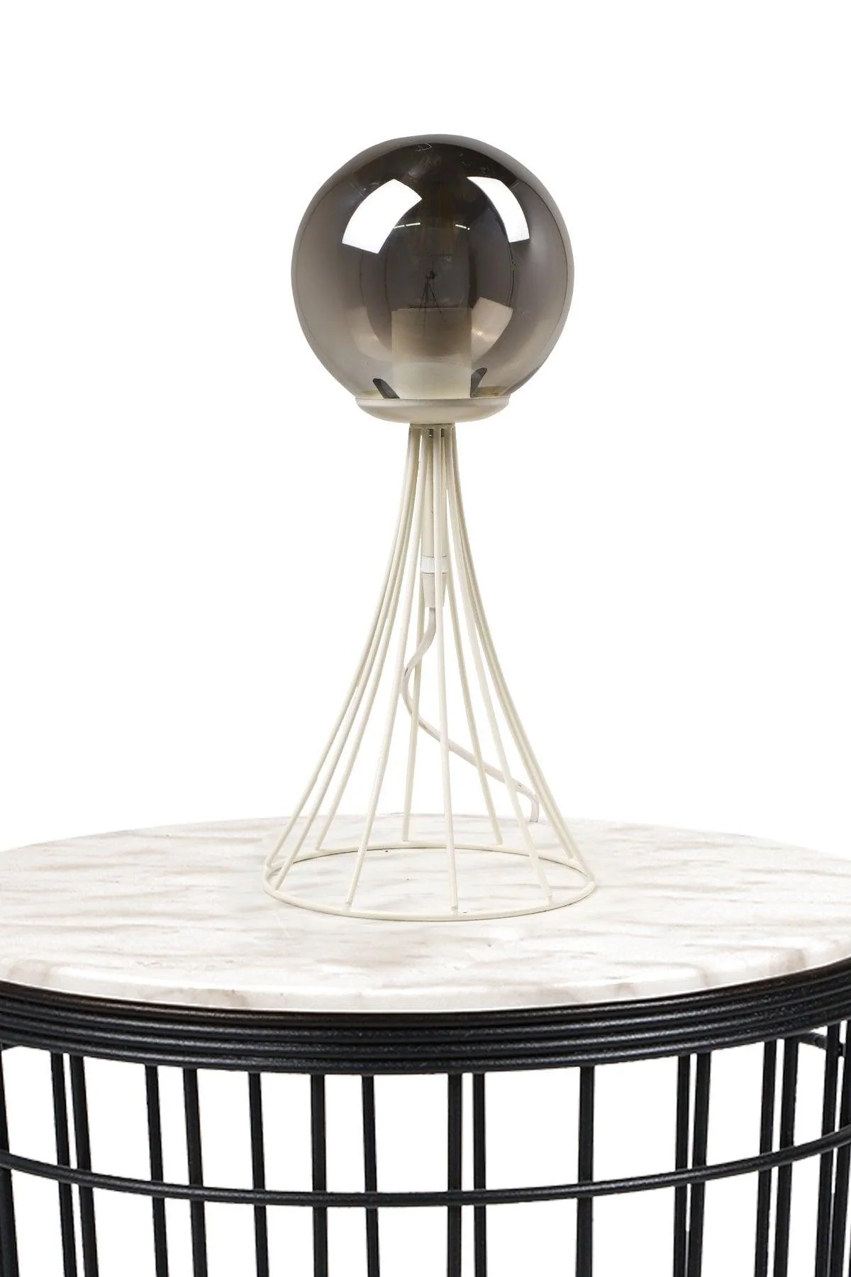 White smoked glass table lamp with metal base