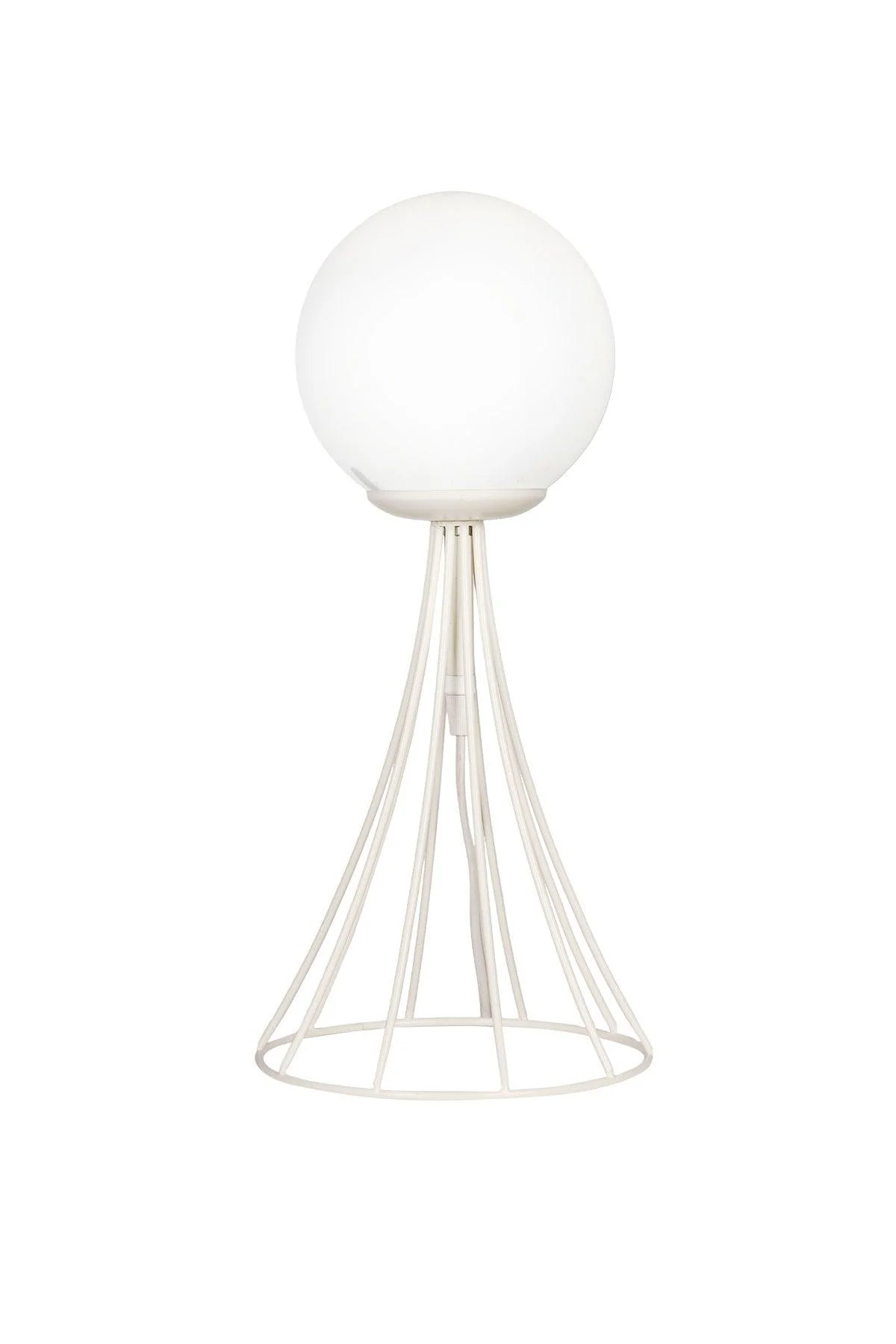 White table lamp with metal base and glass globe shade