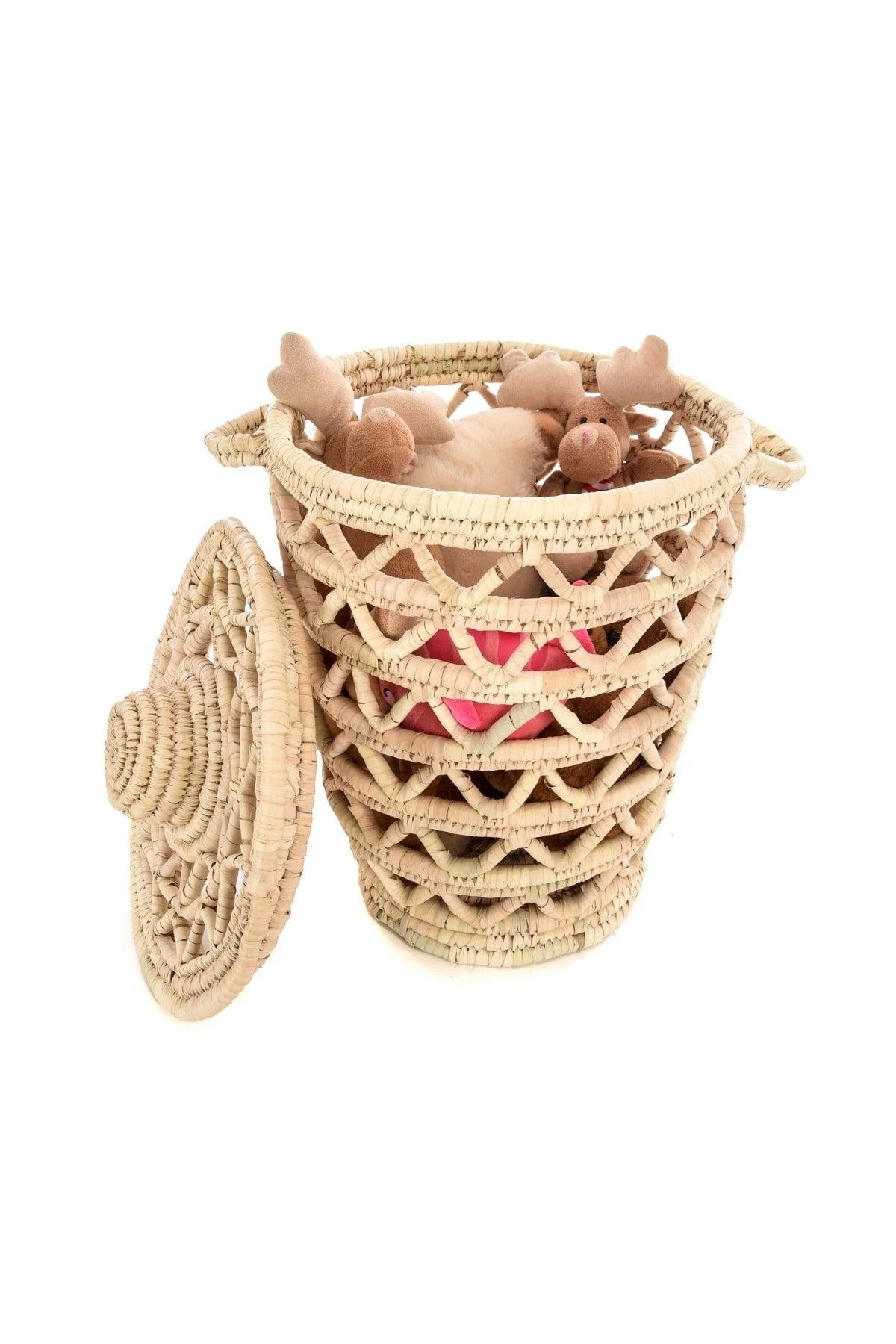 Large natural fiber wicker basket with handle and lid, 50 x 50 cm