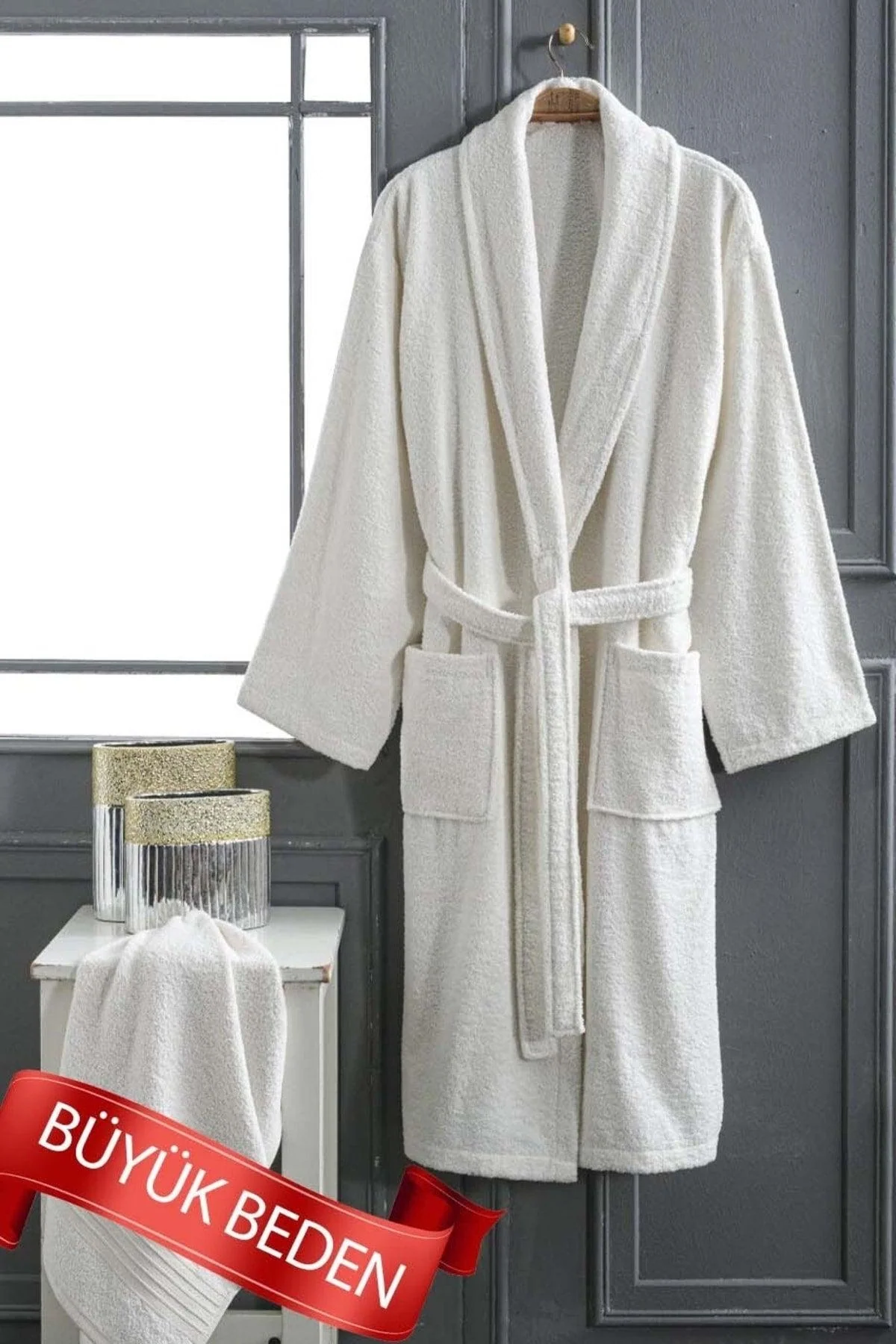 Large cotton bathrobe set with matching hair towel