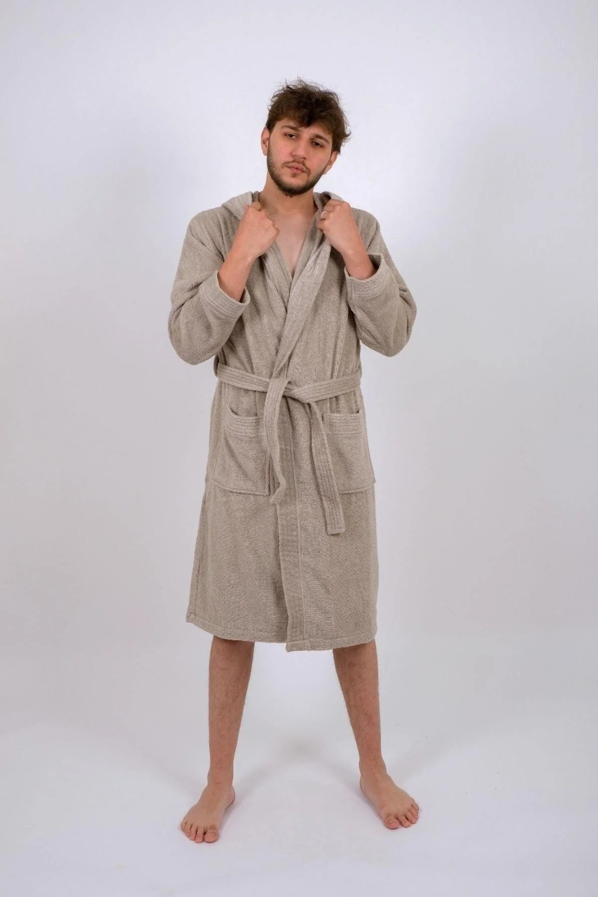 Large Beige Bathrobe with Hood and Fast-Drying Fabric